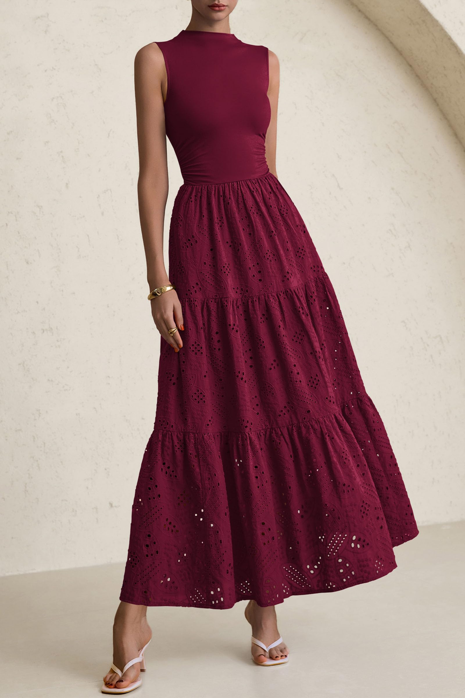 Foto 4 pulgar | Vestido De Verano Prettygarden 2025, Camiseta Sin Mangas Con Ojales, Maxi Azufaifo Rojo - Venta Internacional.