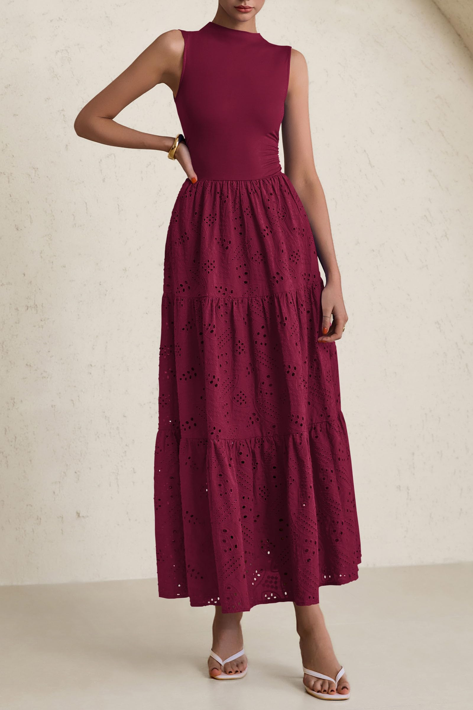 Foto 4 | Vestido De Verano Prettygarden 2025, Camiseta Sin Mangas Con Ojales, Maxi Azufaifo Rojo - Venta Internacional.
