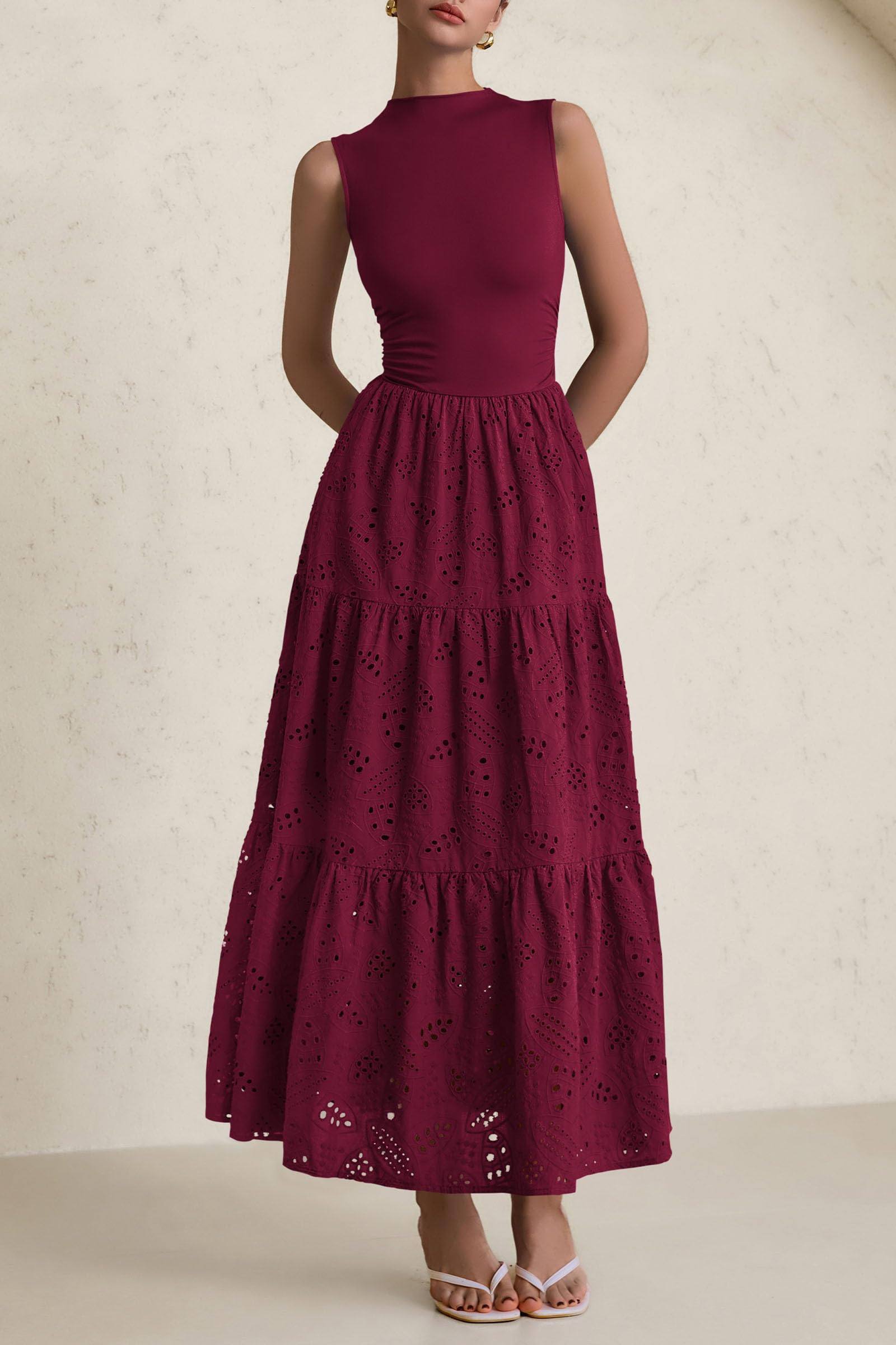Foto 6 pulgar | Vestido De Verano Prettygarden 2025, Camiseta Sin Mangas Con Ojales, Maxi Azufaifo Rojo - Venta Internacional.