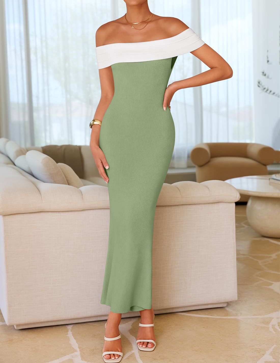 Foto 2 | Vestido Largo Zesica 2025 De Verano Con Hombros Descubiertos En Bloque De Colores - Venta Internacional.