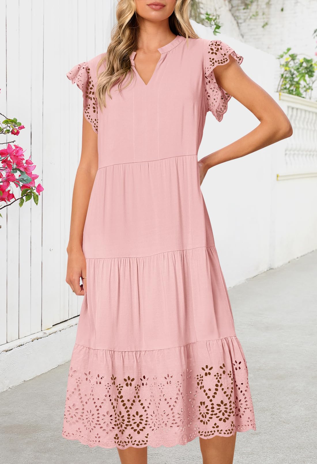 Foto 2 | Vestido Merokeety 2025, Verano, Manga Corta, Cuello En V, Línea A, Rosa - Venta Internacional.