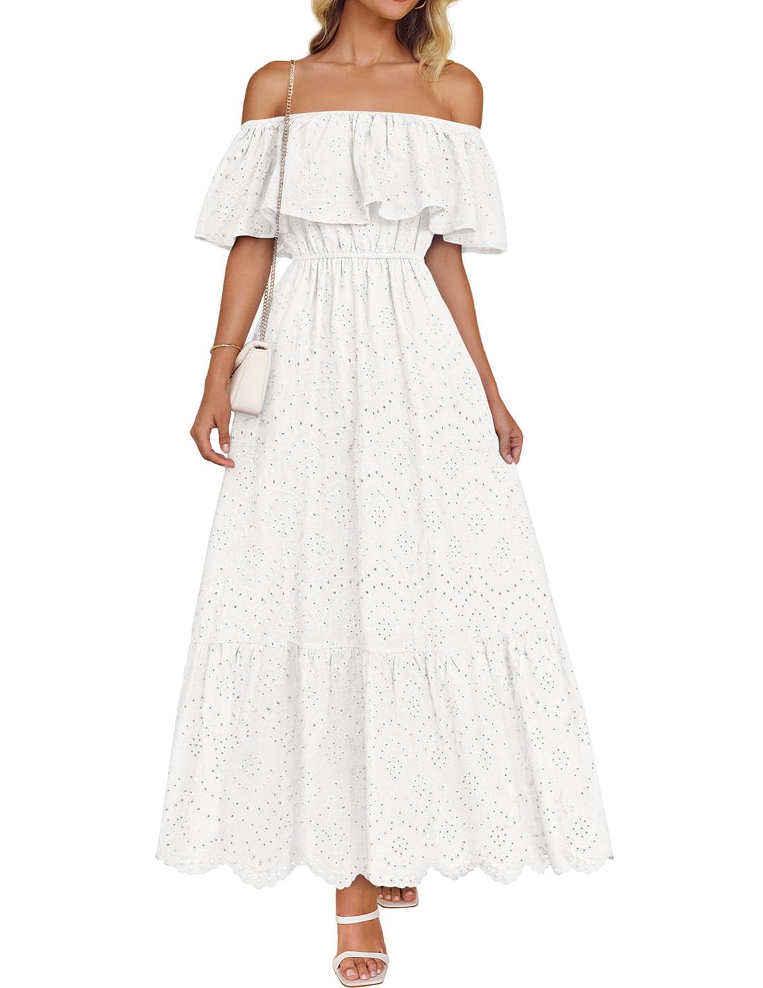 Foto 2 pulgar | Vestido Zesica 2025 Para Verano, Con Hombros Descubiertos, Bordado Con Volantes, Blanco - Venta Internacional.