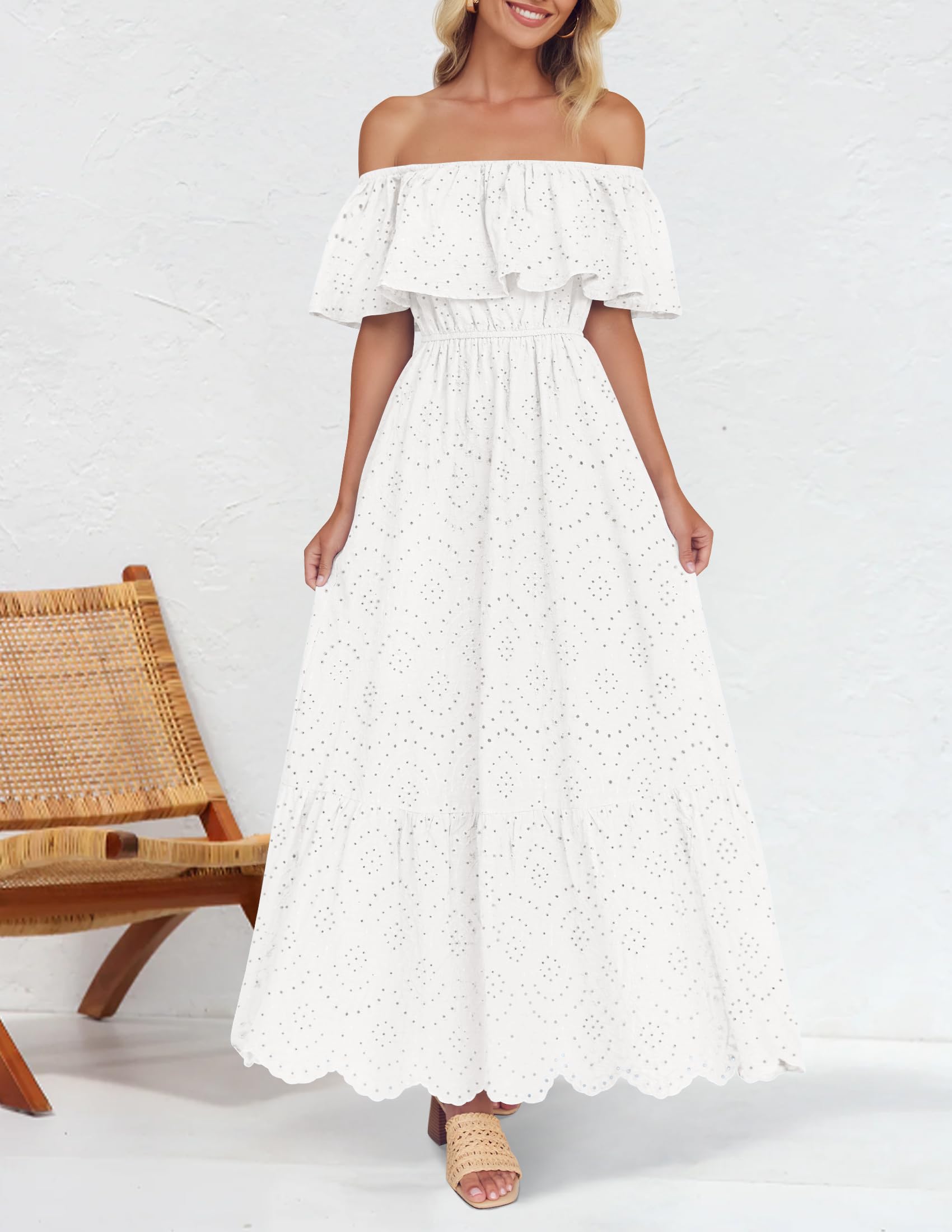 Foto 3 pulgar | Vestido Zesica 2025 Para Verano, Con Hombros Descubiertos, Bordado Con Volantes, Blanco - Venta Internacional.