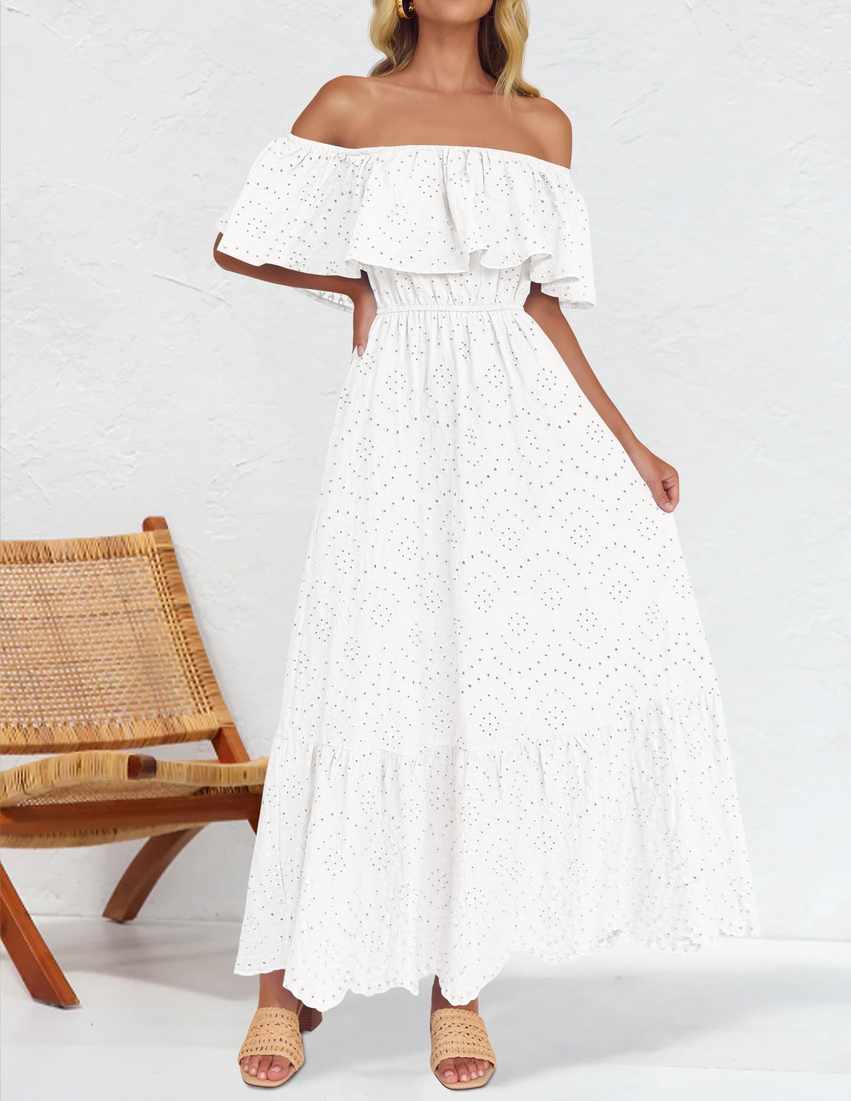 Foto 4 pulgar | Vestido Zesica 2025 Para Verano, Con Hombros Descubiertos, Bordado Con Volantes, Blanco - Venta Internacional.