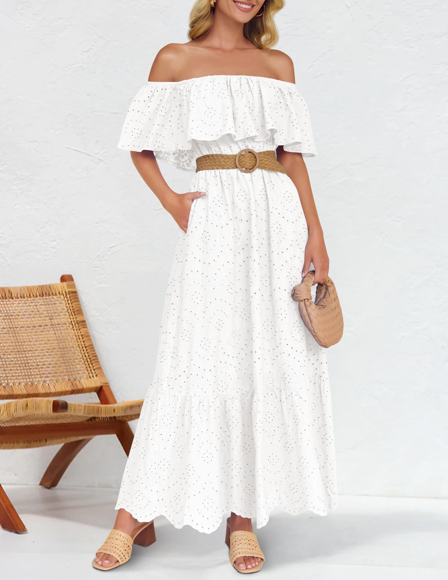 Foto 6 pulgar | Vestido Zesica 2025 Para Verano, Con Hombros Descubiertos, Bordado Con Volantes, Blanco - Venta Internacional.