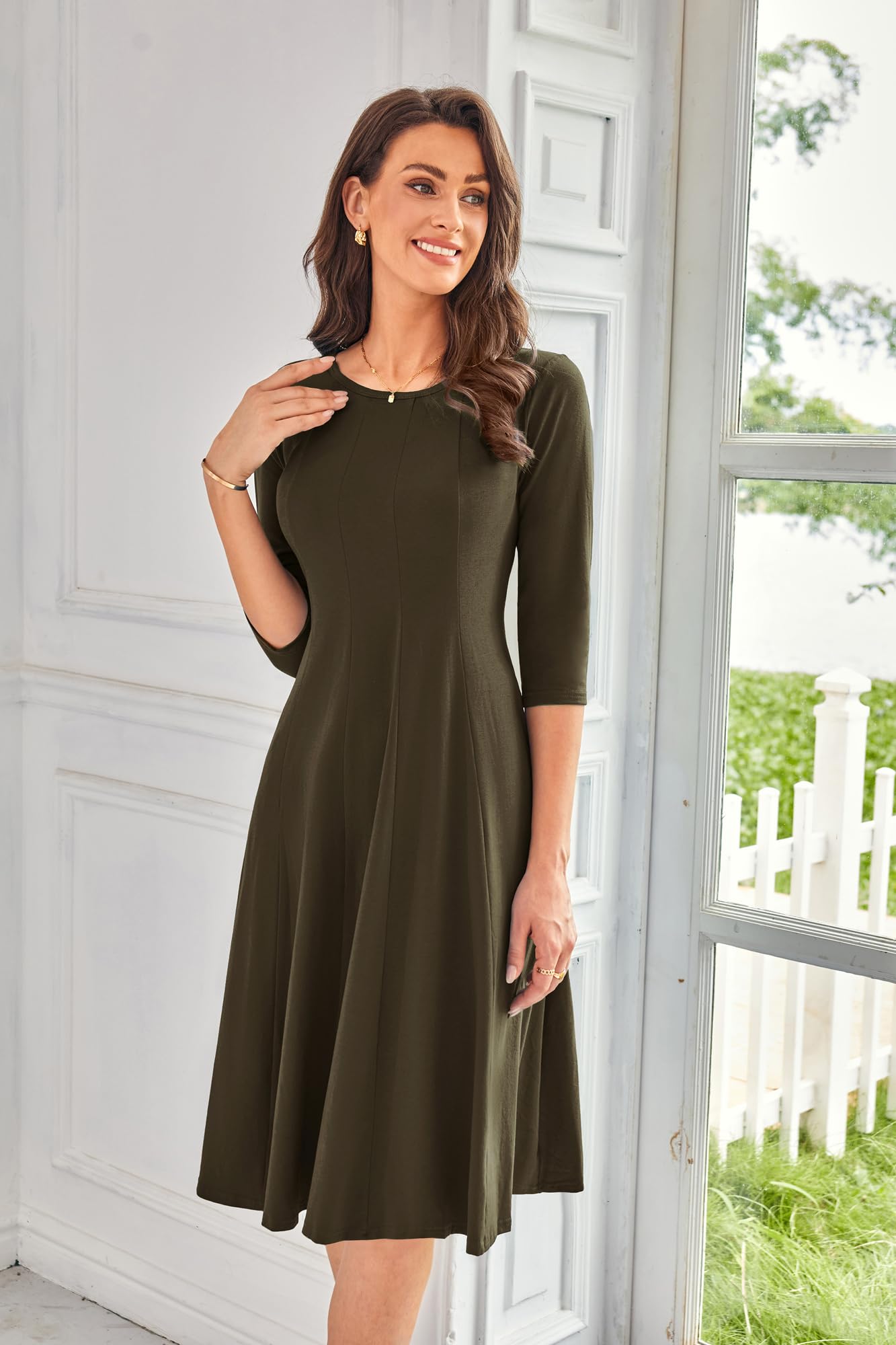 Foto 2 | Vestido Grace Karin 2025 Plisado En Línea A, Manga 3/4, Color Café M - Venta Internacional.