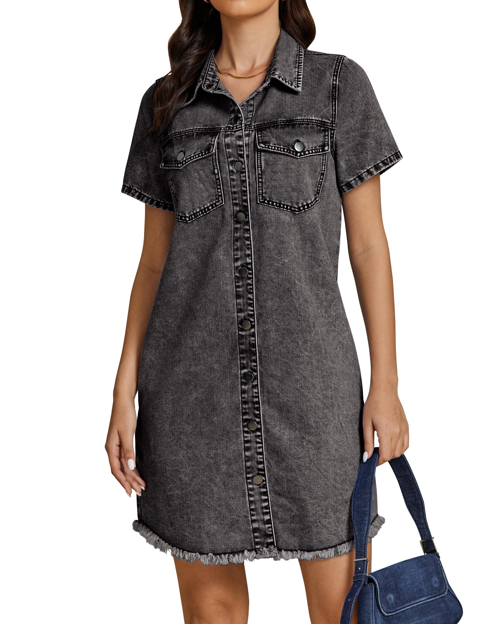 Foto 2 pulgar | Vestido Vaquero Luvamia De Manga Corta Negro Para Mujer S/4-6 - Venta Internacional.