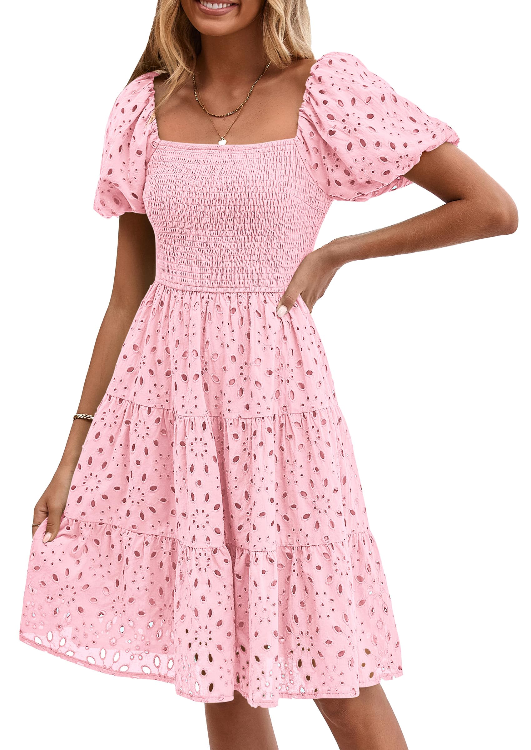 Foto 2 pulgar | Vestido Prettygarden Para Mujer, De Verano, Mangas Abullonadas, Con Ojales, Rosa - Venta Internacional.