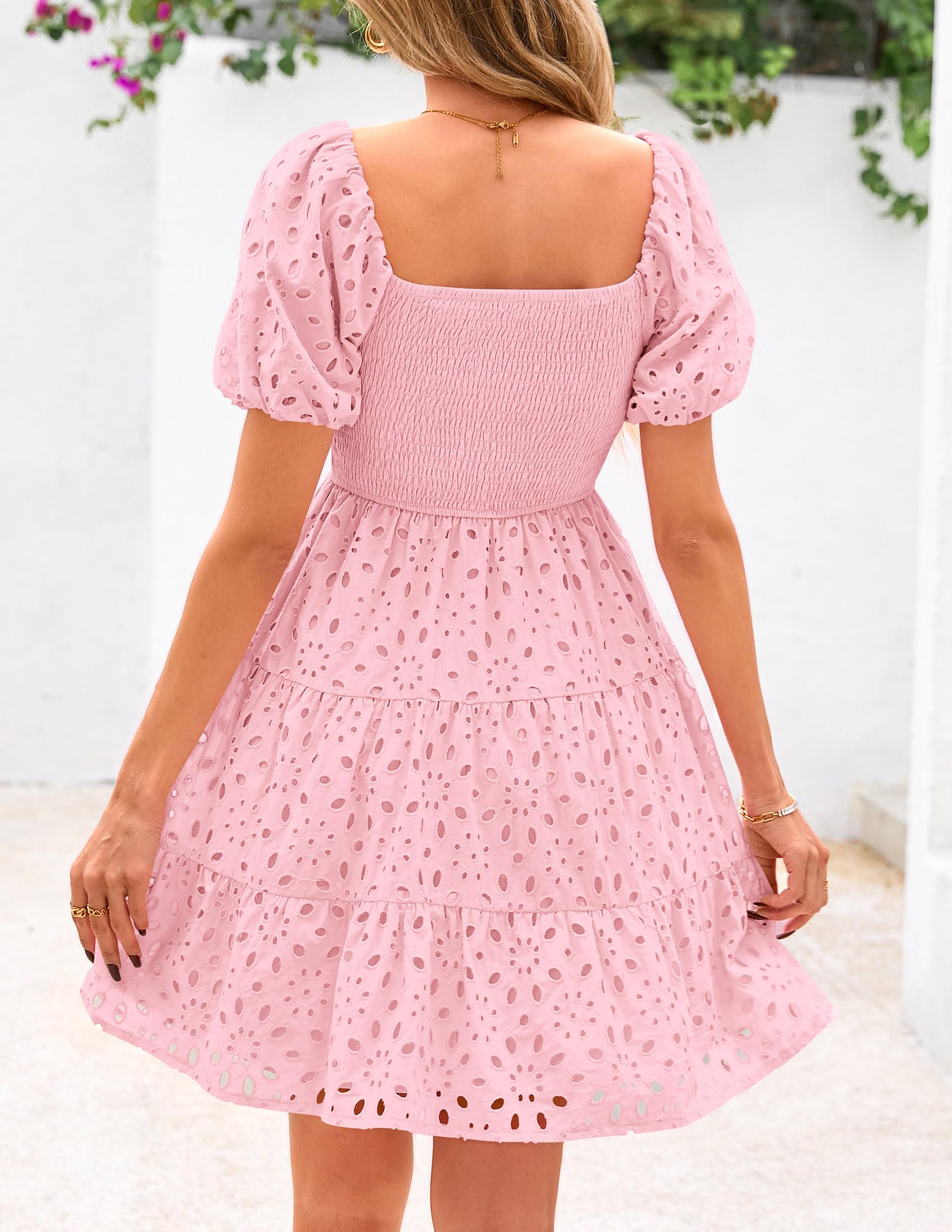 Foto 3 pulgar | Vestido Prettygarden Para Mujer, De Verano, Mangas Abullonadas, Con Ojales, Rosa - Venta Internacional.
