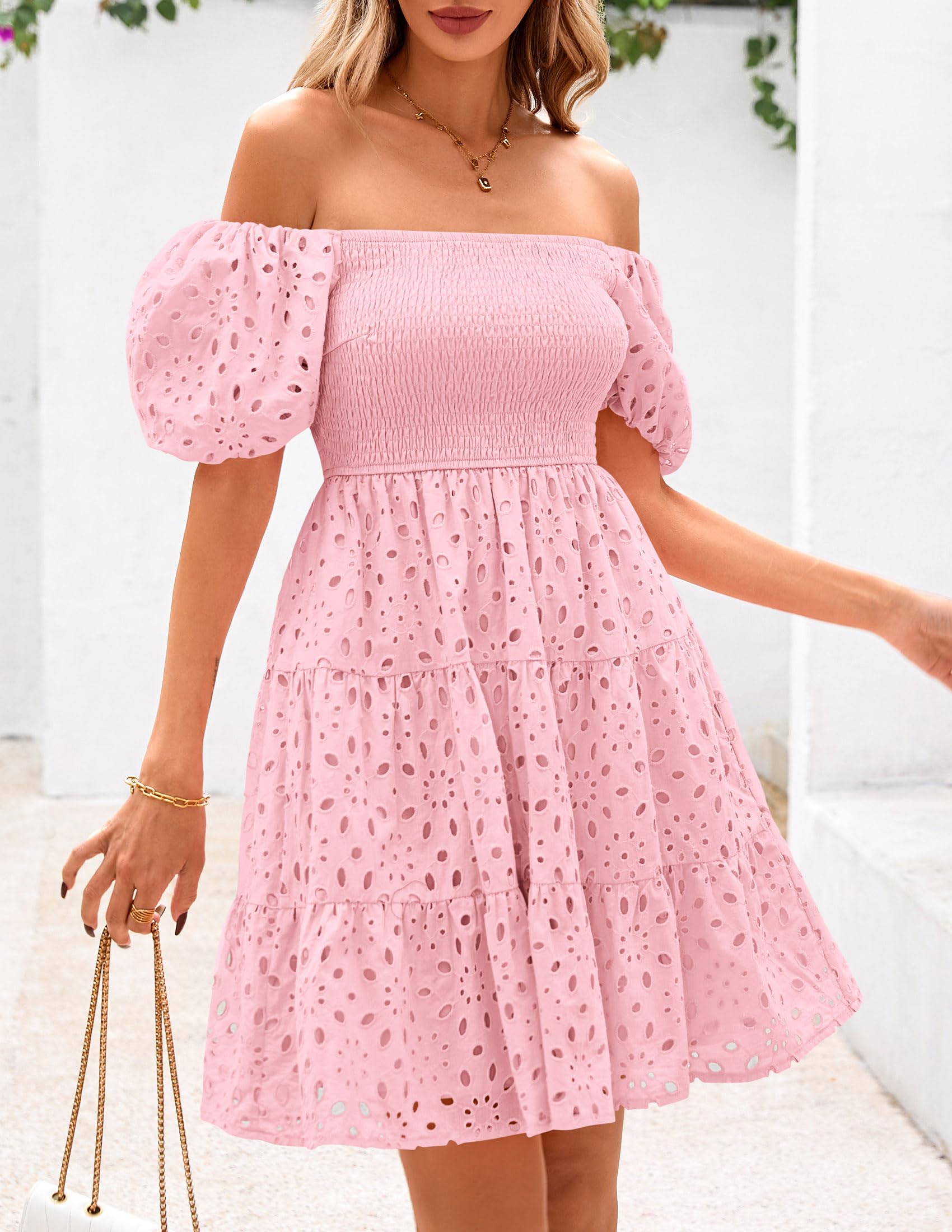 Foto 5 pulgar | Vestido Prettygarden Para Mujer, De Verano, Mangas Abullonadas, Con Ojales, Rosa - Venta Internacional.