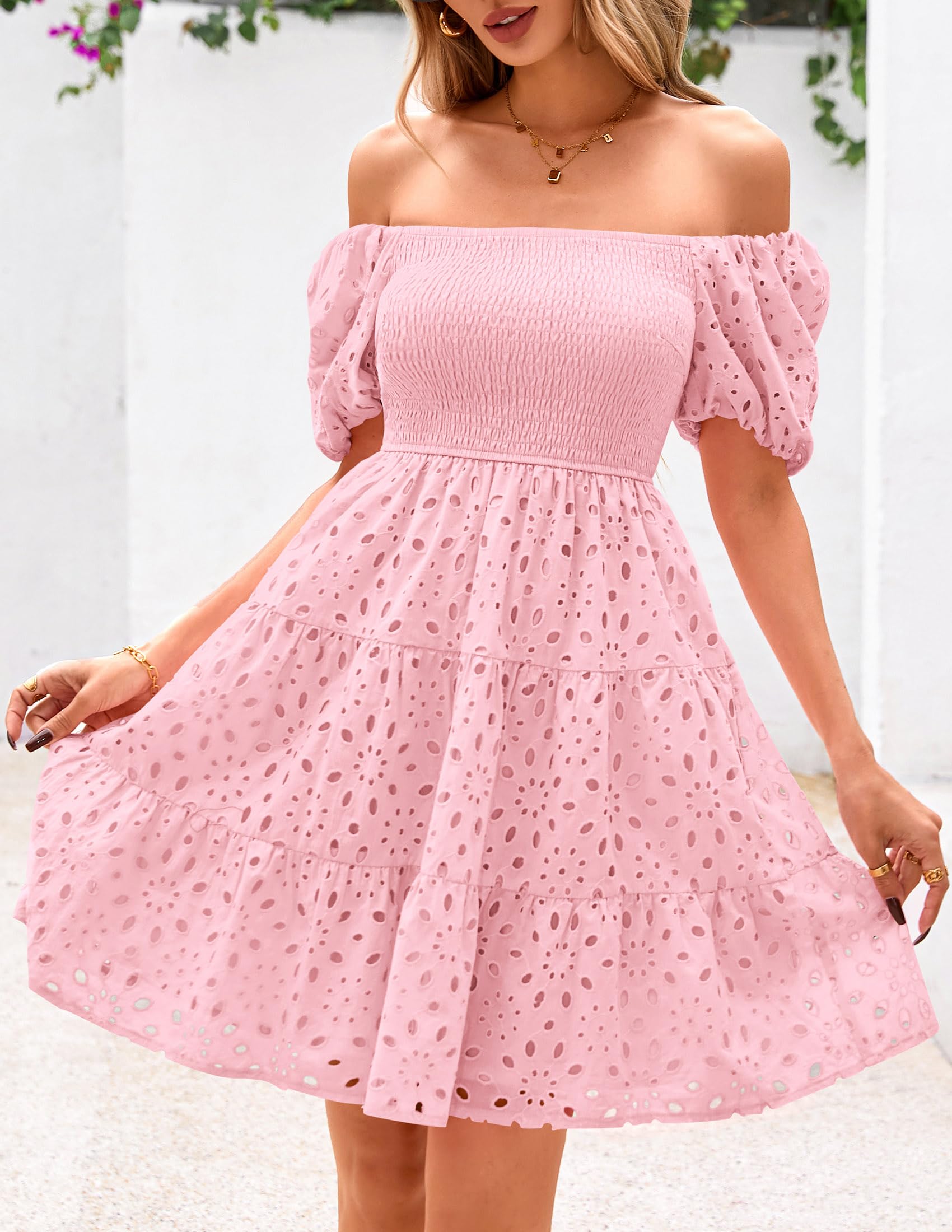 Foto 6 pulgar | Vestido Prettygarden Para Mujer, De Verano, Mangas Abullonadas, Con Ojales, Rosa - Venta Internacional.