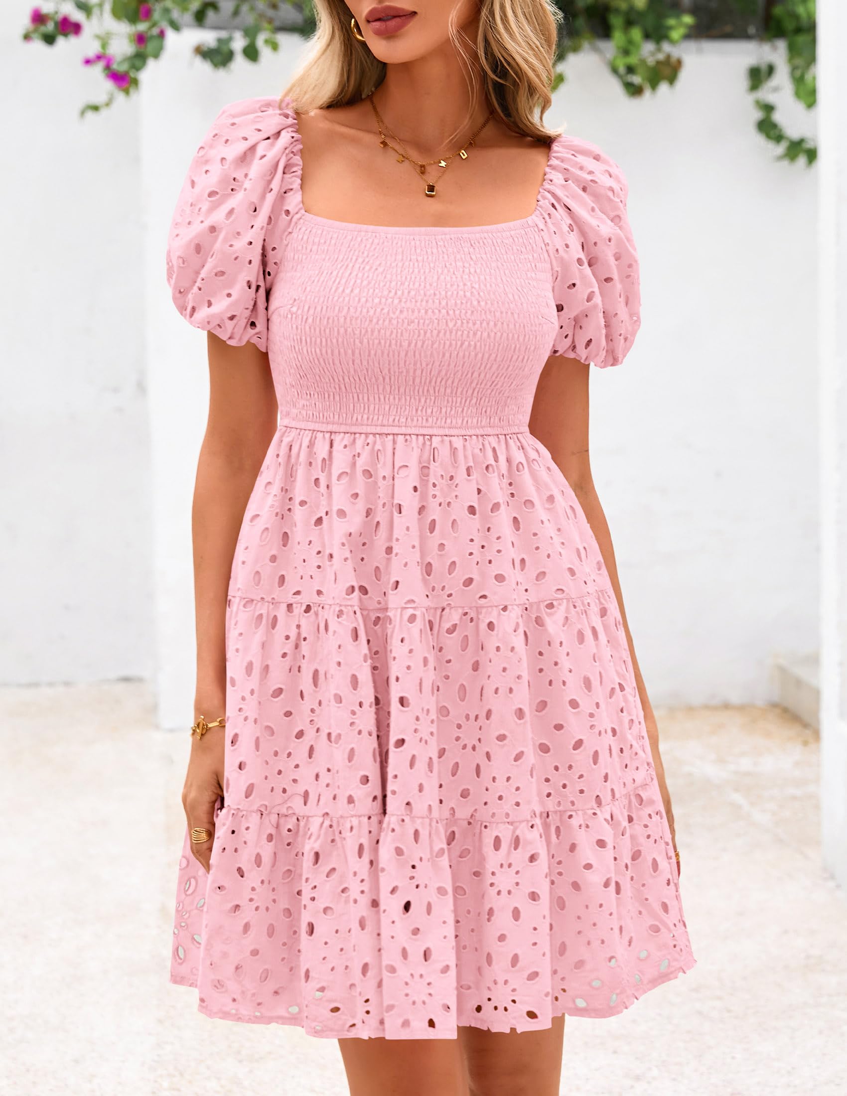 Foto 7 pulgar | Vestido Prettygarden Para Mujer, De Verano, Mangas Abullonadas, Con Ojales, Rosa - Venta Internacional.