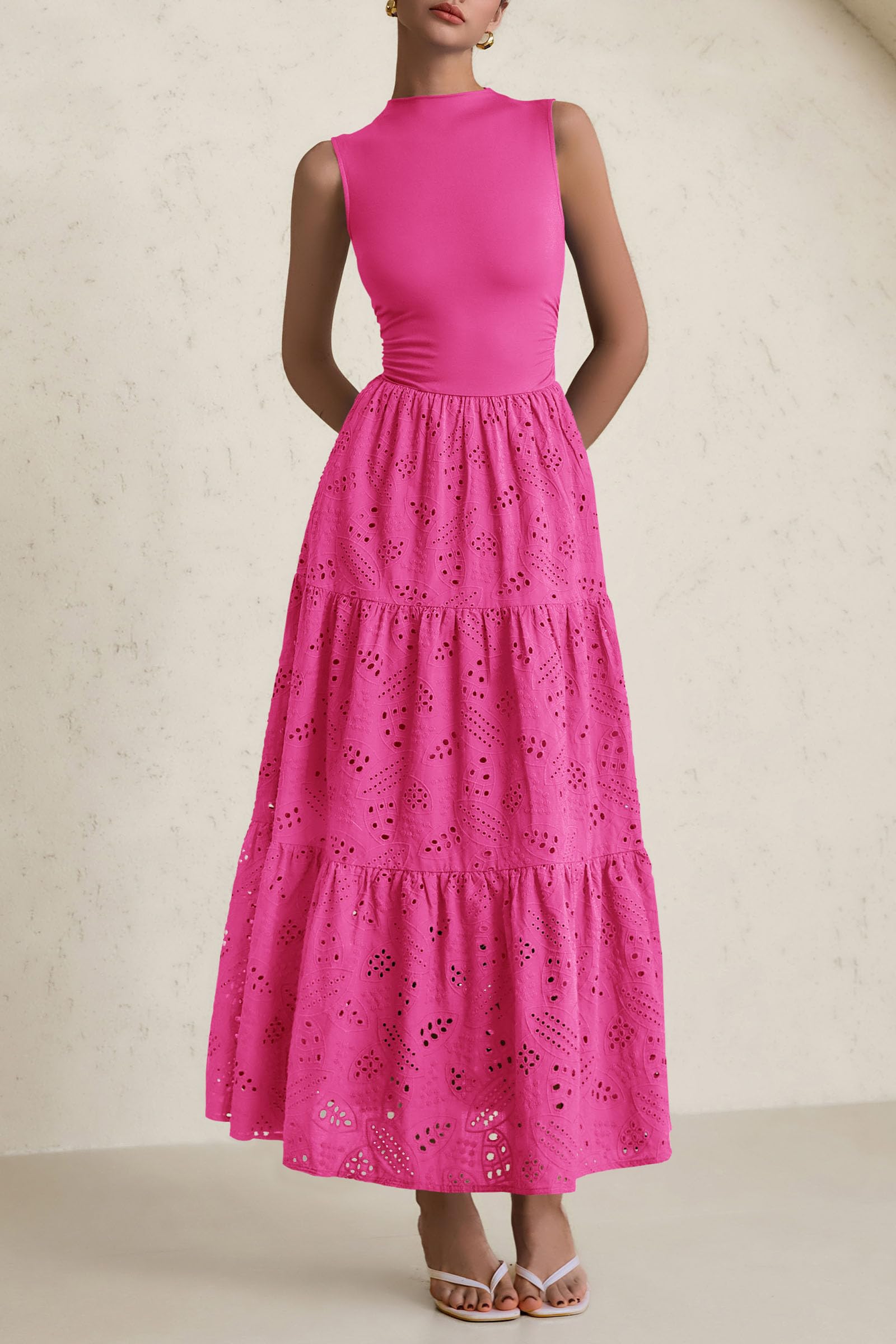 Foto 5 | Vestido De Verano Prettygarden 2025, Camiseta Sin Mangas Con Ojales, Maxi Con Bolsillos - Venta Internacional.