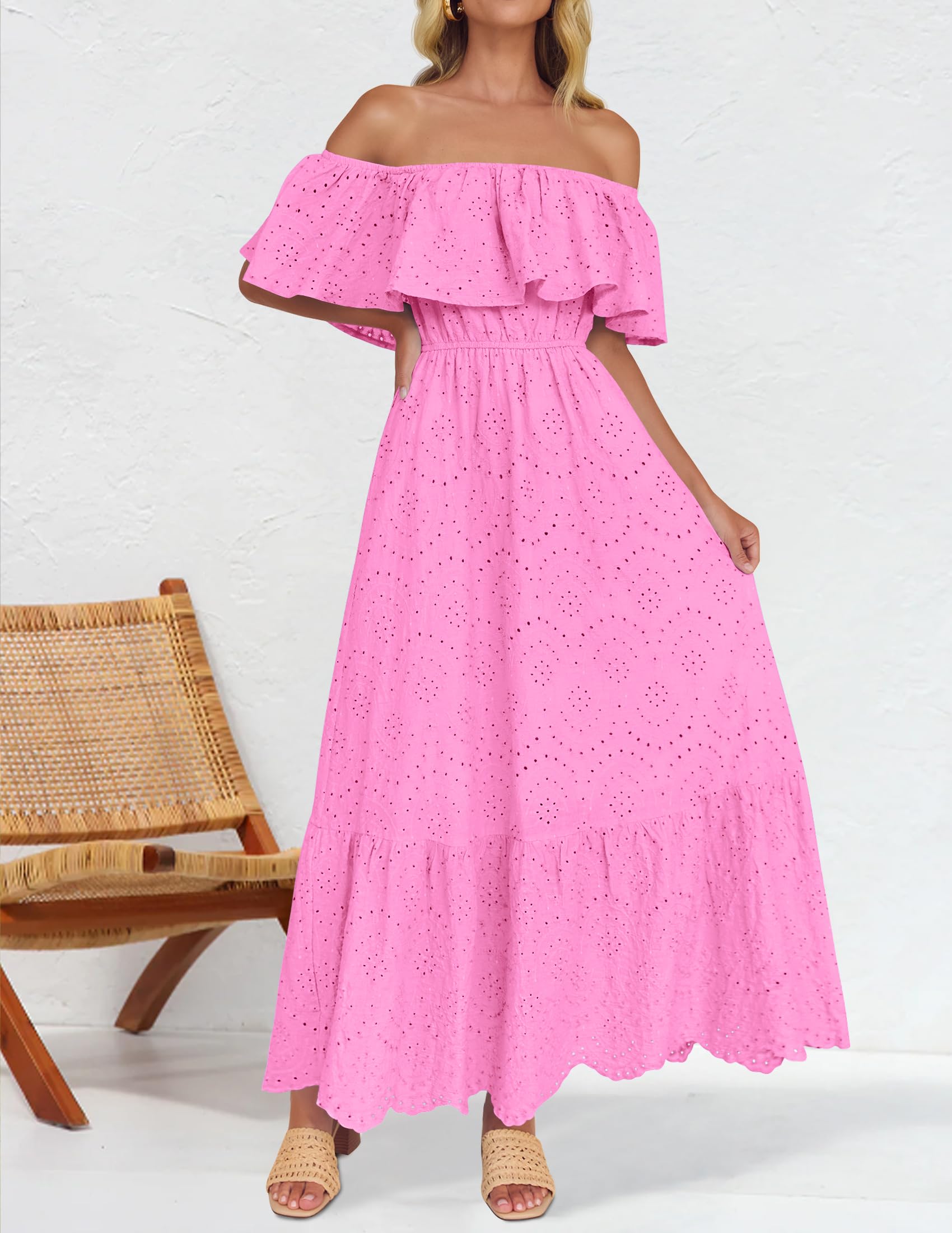 Foto 3 pulgar | Vestido Zesica 2025 Para Verano, Con Hombros Descubiertos, Bordado Con Volantes, Rosa - Venta Internacional.