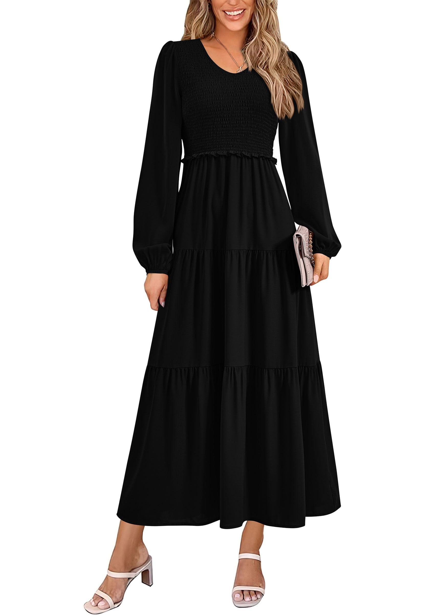 Vestido Midi Prettygarden Para Mujer Con Cuello En V Fruncido Y Manga Larga - Venta Internacional.