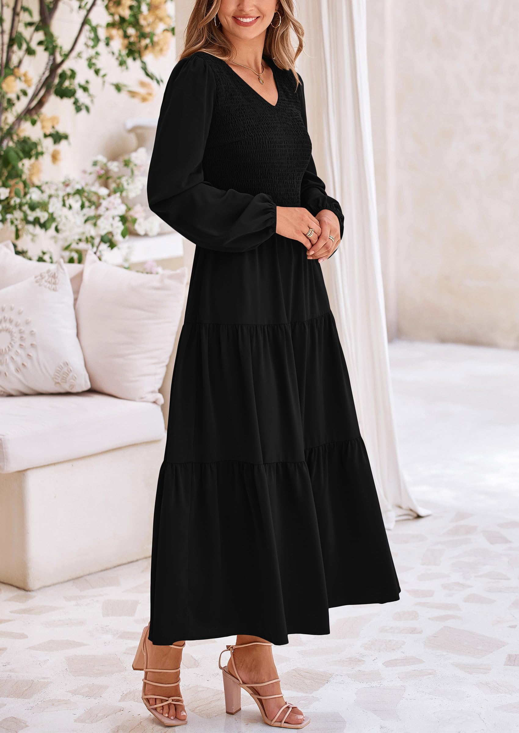 Foto 4 pulgar | Vestido Midi Prettygarden Para Mujer Con Cuello En V Fruncido Y Manga Larga - Venta Internacional.