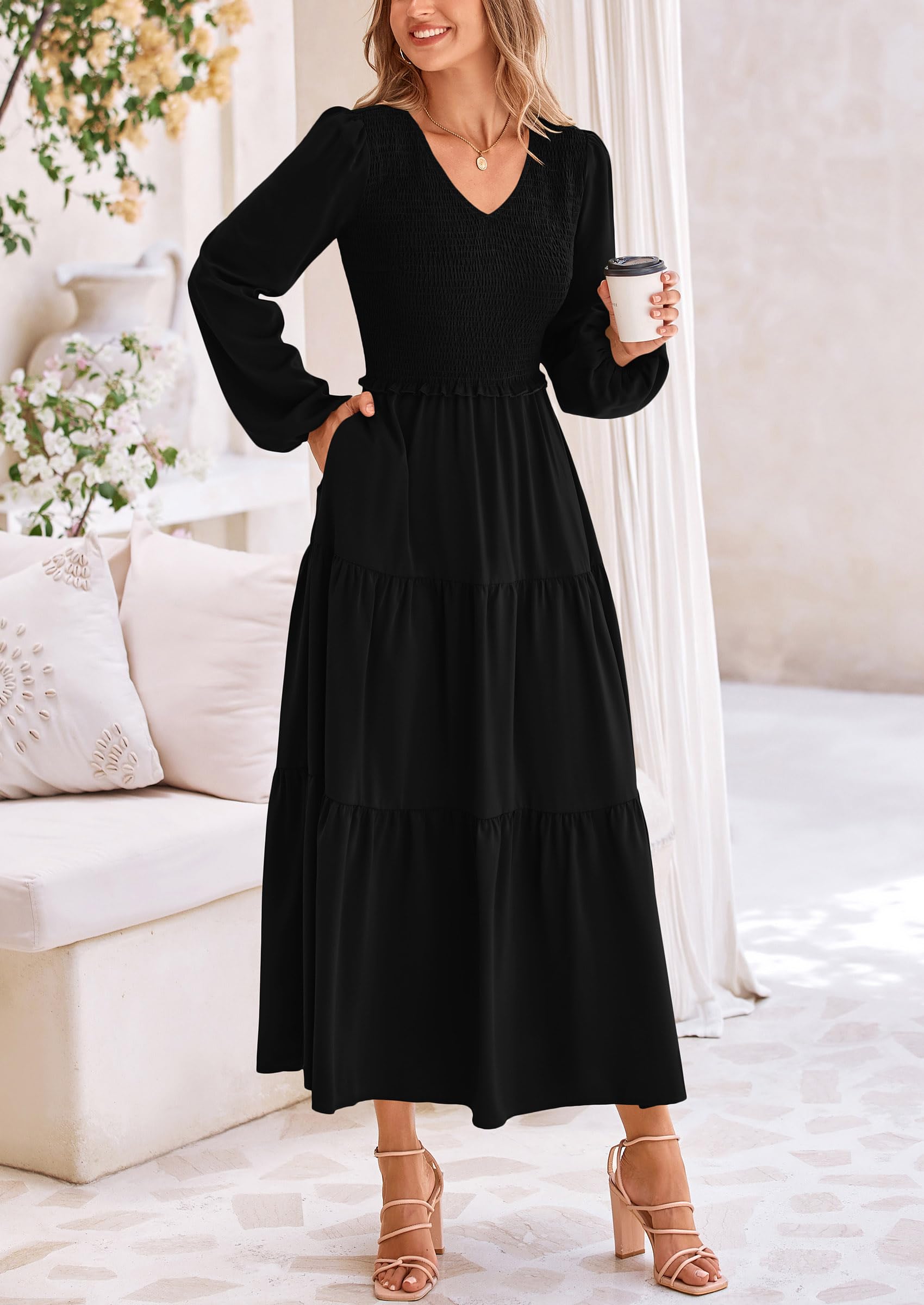 Foto 5 pulgar | Vestido Midi Prettygarden Para Mujer Con Cuello En V Fruncido Y Manga Larga - Venta Internacional.