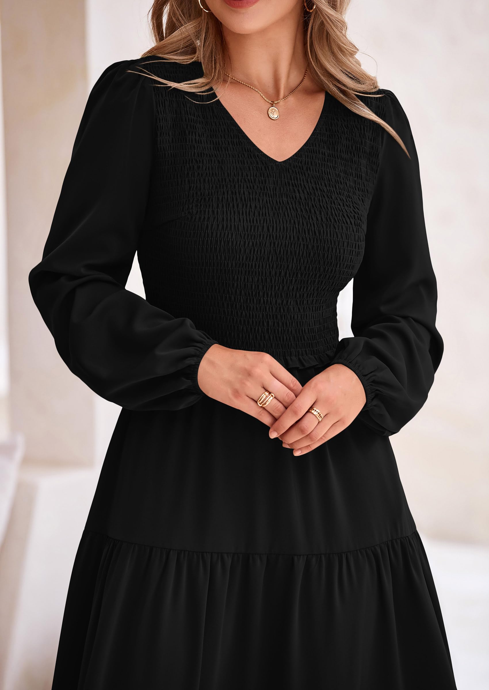 Foto 6 pulgar | Vestido Midi Prettygarden Para Mujer Con Cuello En V Fruncido Y Manga Larga - Venta Internacional.