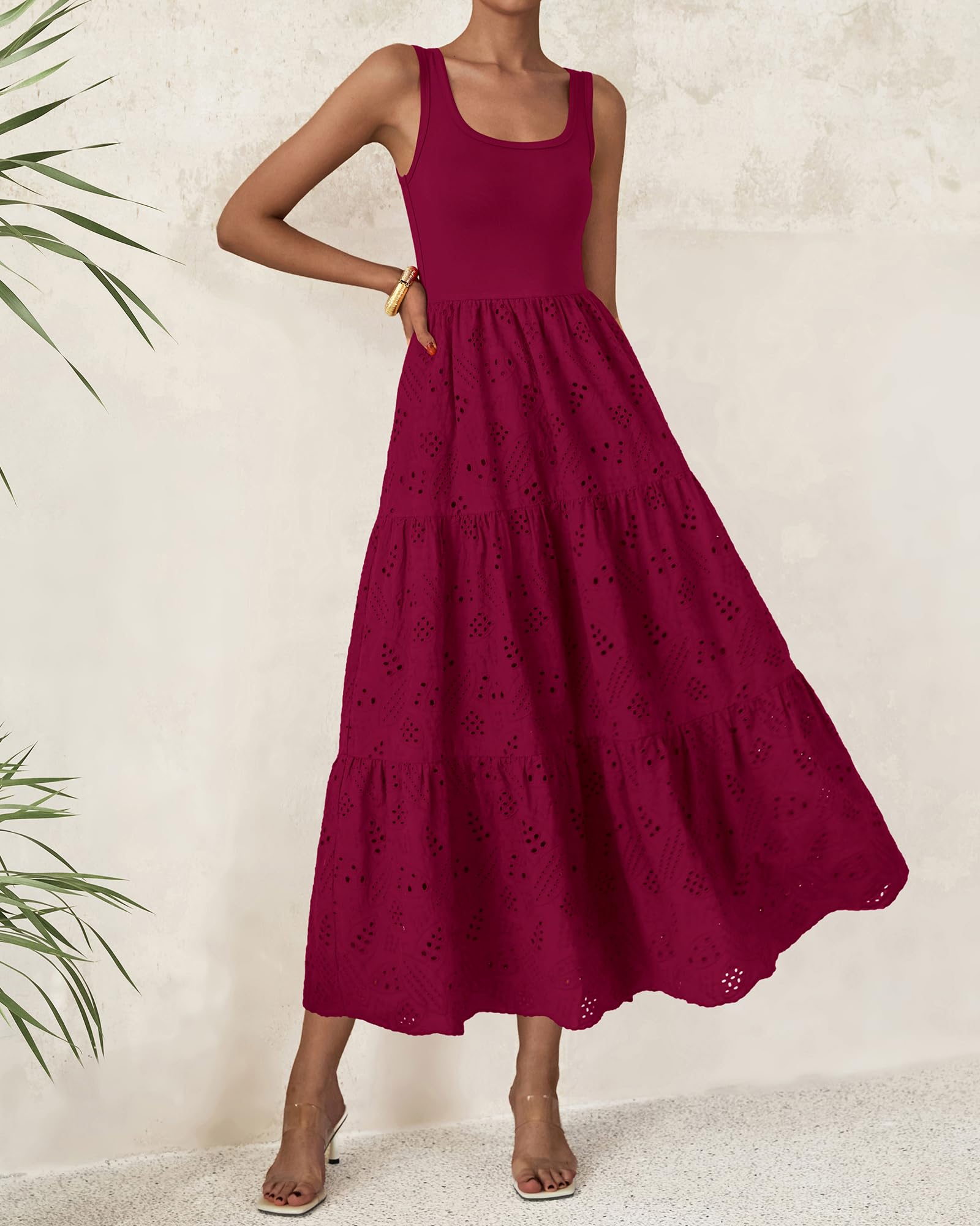 Foto 3 pulgar | Vestido Midi Btfbm Para Mujer Con Ojales De Verano, Sin Mangas, Rojo Oscuro - Venta Internacional.