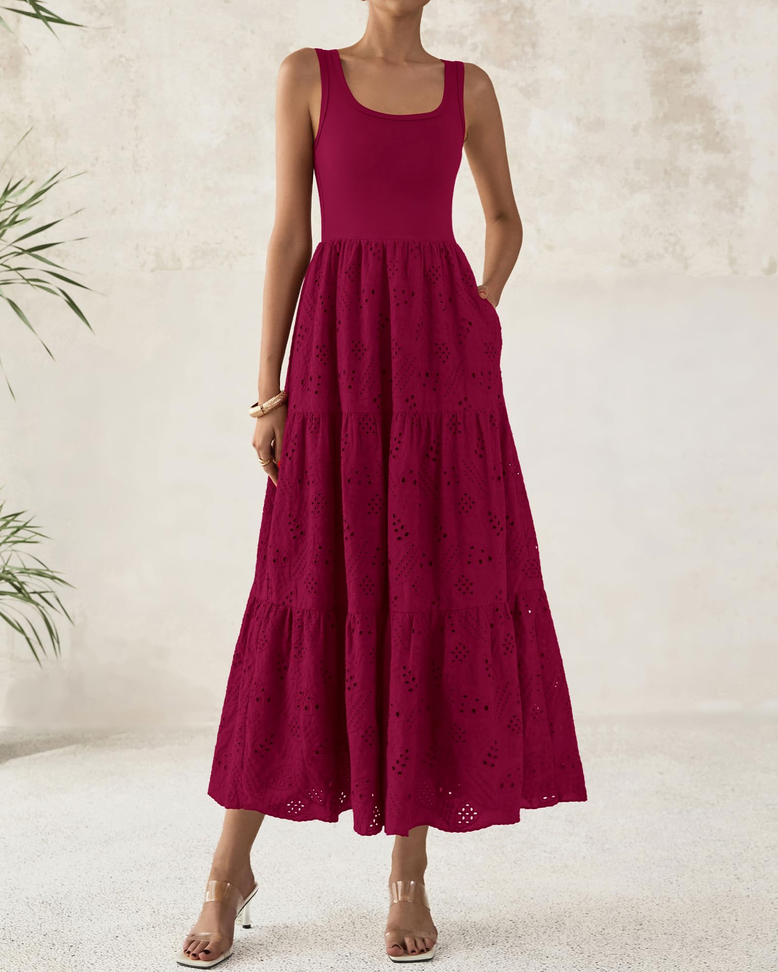 Foto 4 pulgar | Vestido Midi Btfbm Para Mujer Con Ojales De Verano, Sin Mangas, Rojo Oscuro - Venta Internacional.