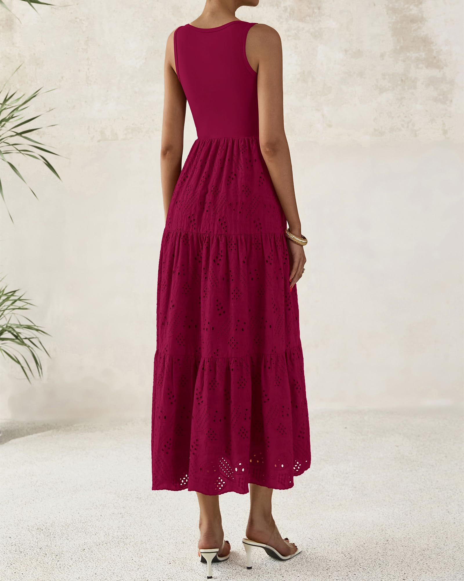 Foto 5 pulgar | Vestido Midi Btfbm Para Mujer Con Ojales De Verano, Sin Mangas, Rojo Oscuro - Venta Internacional.