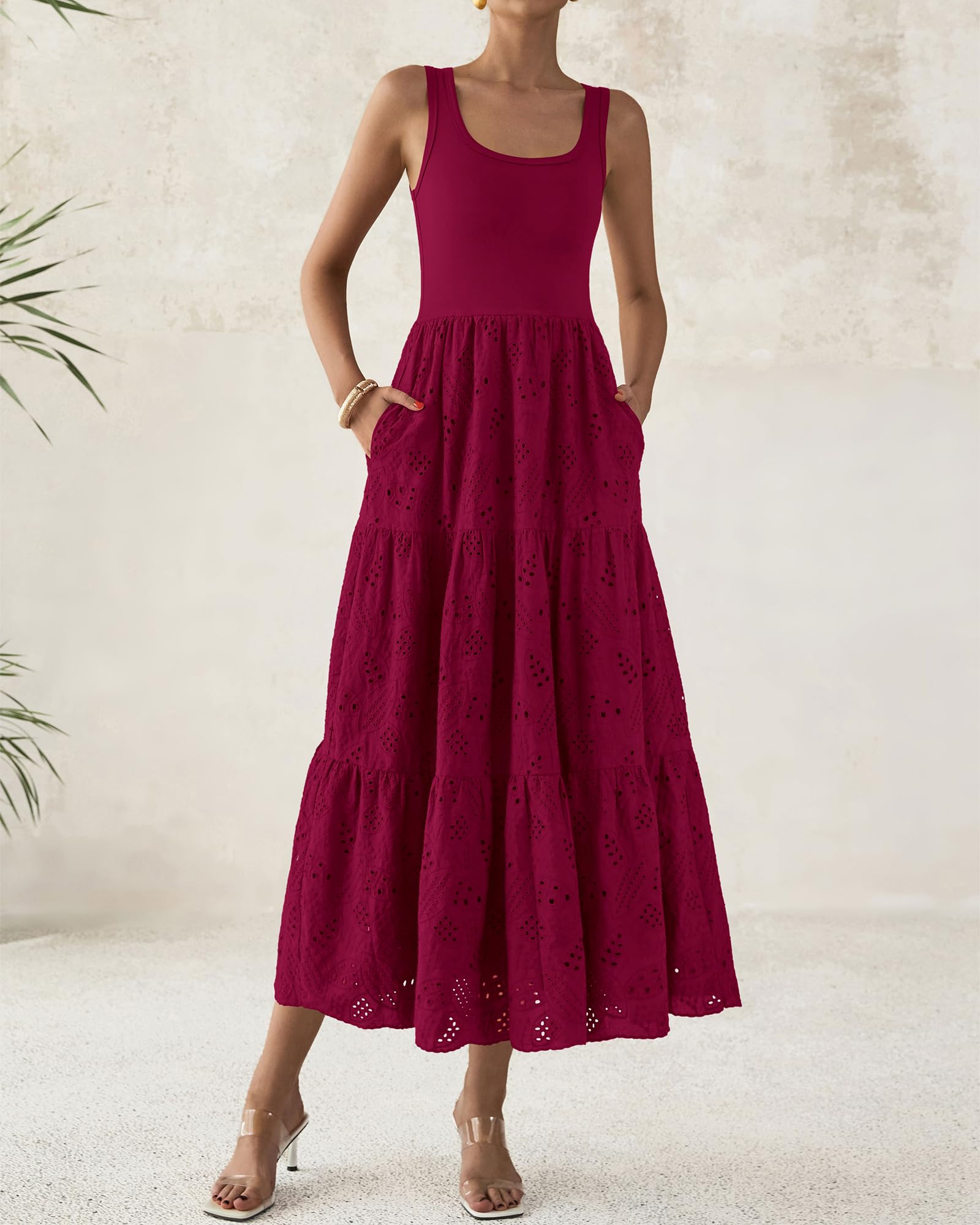 Foto 6 pulgar | Vestido Midi Btfbm Para Mujer Con Ojales De Verano, Sin Mangas, Rojo Oscuro - Venta Internacional.