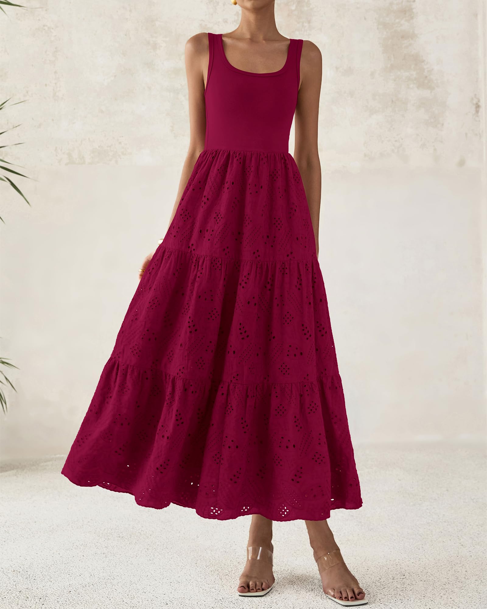 Foto 8 pulgar | Vestido Midi Btfbm Para Mujer Con Ojales De Verano, Sin Mangas, Rojo Oscuro - Venta Internacional.