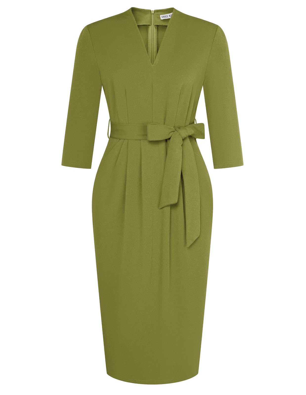 Foto 2 pulgar | Vestido De Trabajo Grace Karin Con Cuello En V Y Manga 3/4 Para Mujer, Color Verde Oliva - Venta Internacional.
