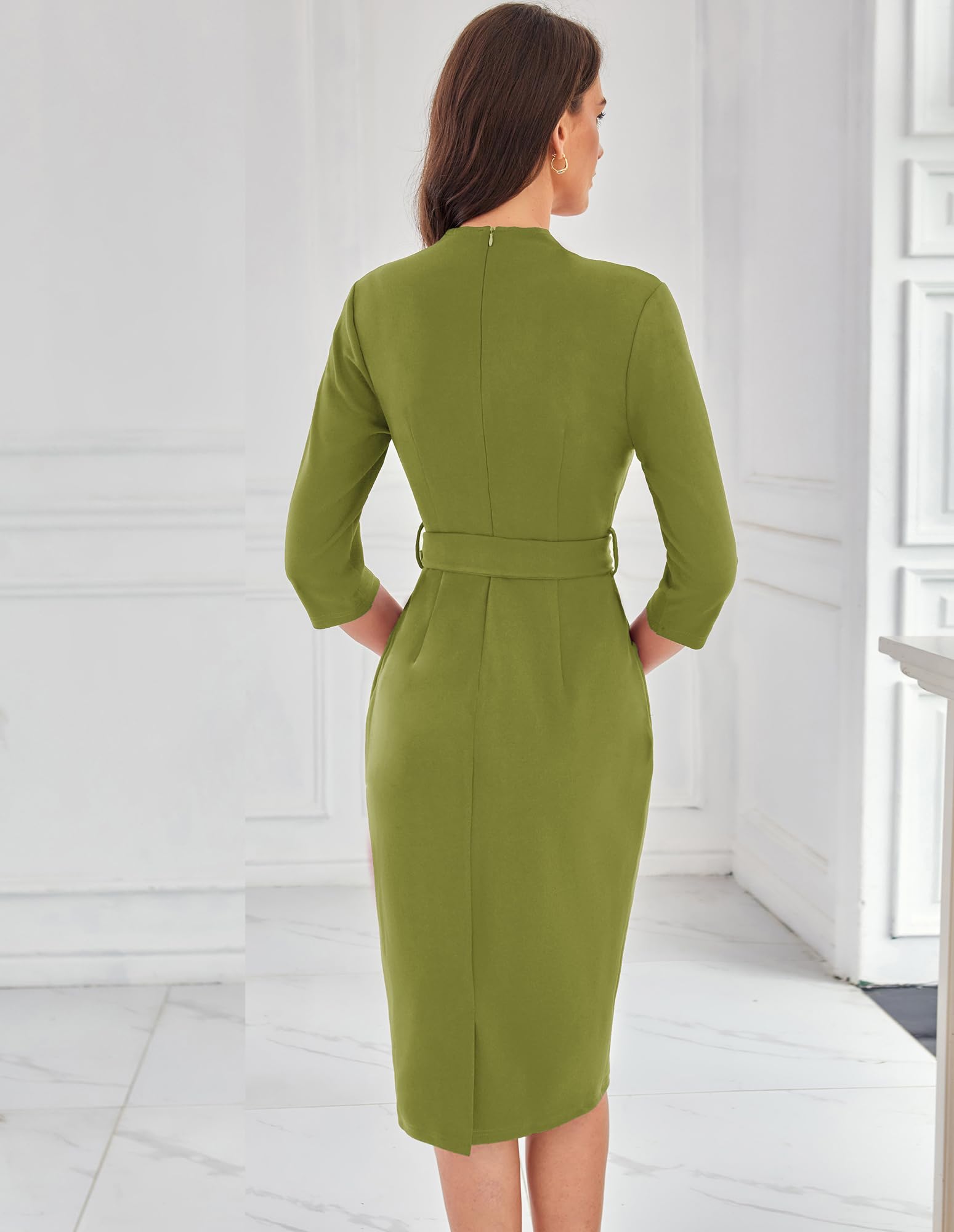 Foto 5 pulgar | Vestido De Trabajo Grace Karin Con Cuello En V Y Manga 3/4 Para Mujer, Color Verde Oliva - Venta Internacional.