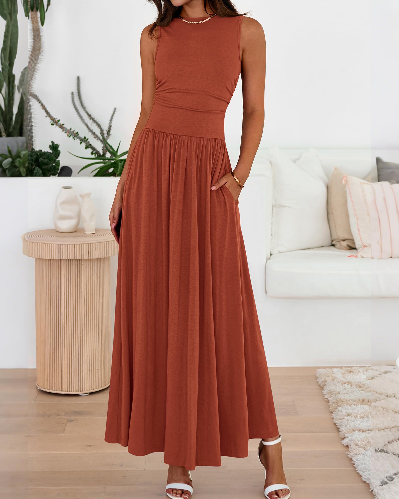 Foto 3 pulgar | Vestido Largo Btfbm De Verano Sin Mangas Y Cintura Alta Fruncido Para Mujer - Venta Internacional.