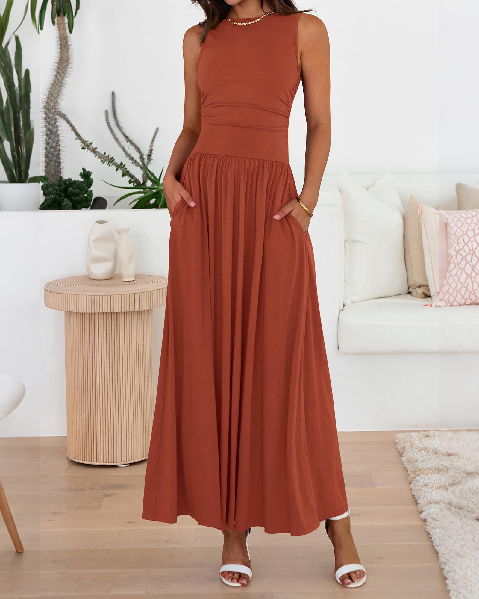 Foto 5 pulgar | Vestido Largo Btfbm De Verano Sin Mangas Y Cintura Alta Fruncido Para Mujer - Venta Internacional.