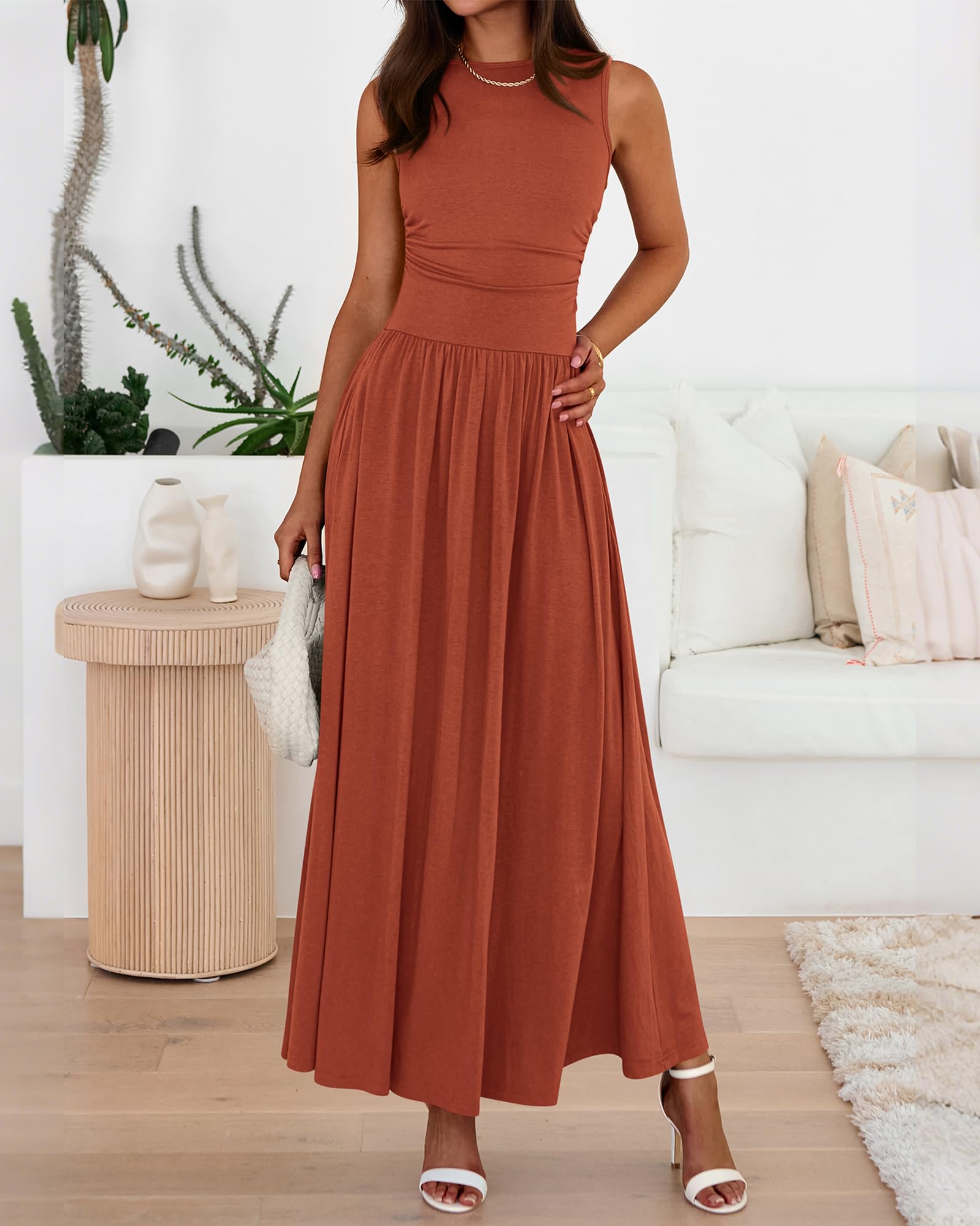 Foto 6 pulgar | Vestido Largo Btfbm De Verano Sin Mangas Y Cintura Alta Fruncido Para Mujer - Venta Internacional.