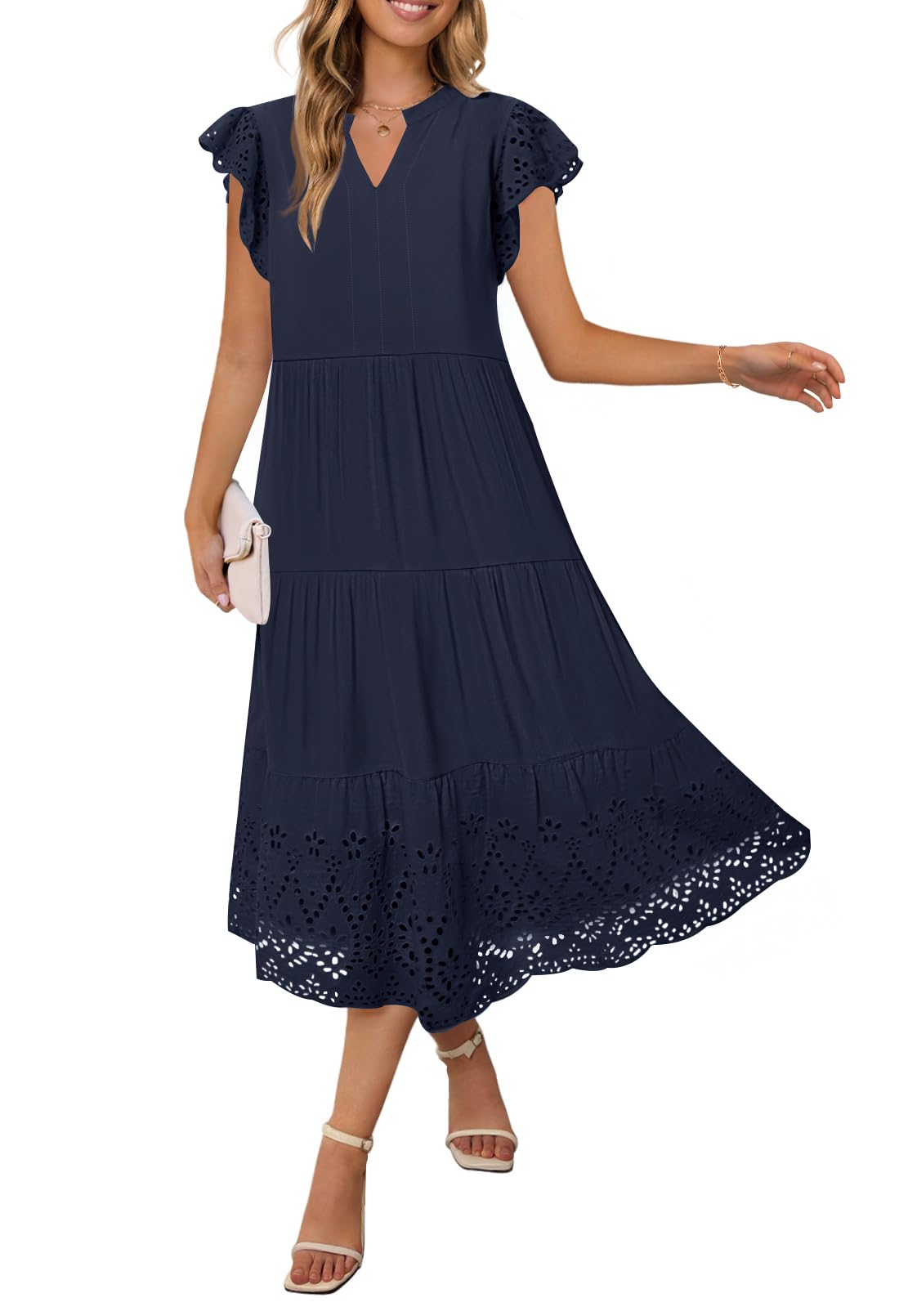 Vestido Merokeety 2025, Verano, Manga Corta, Cuello En V, Línea A, Azul Marino - Venta Internacional.