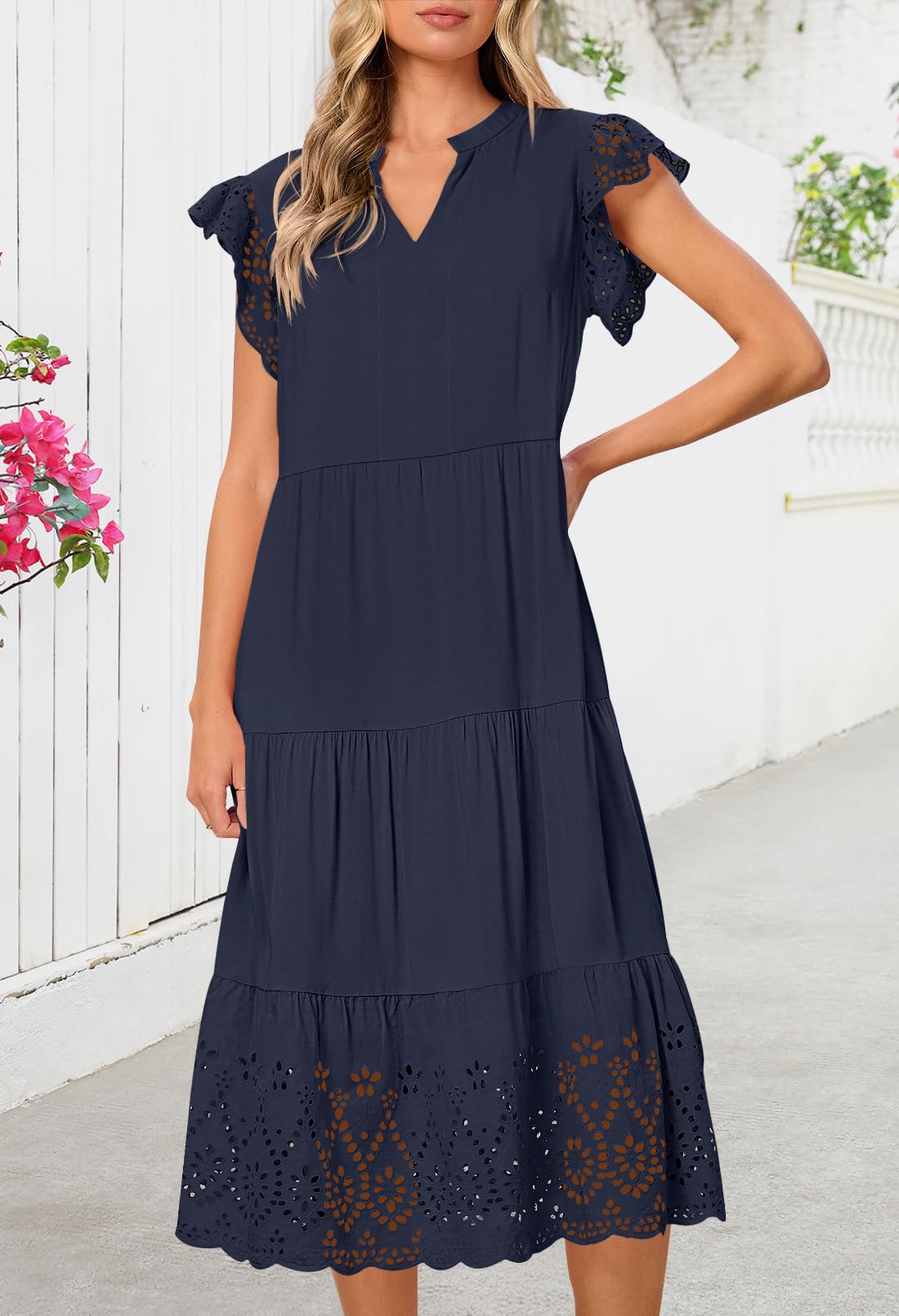 Foto 2 | Vestido Merokeety 2025, Verano, Manga Corta, Cuello En V, Línea A, Azul Marino - Venta Internacional.