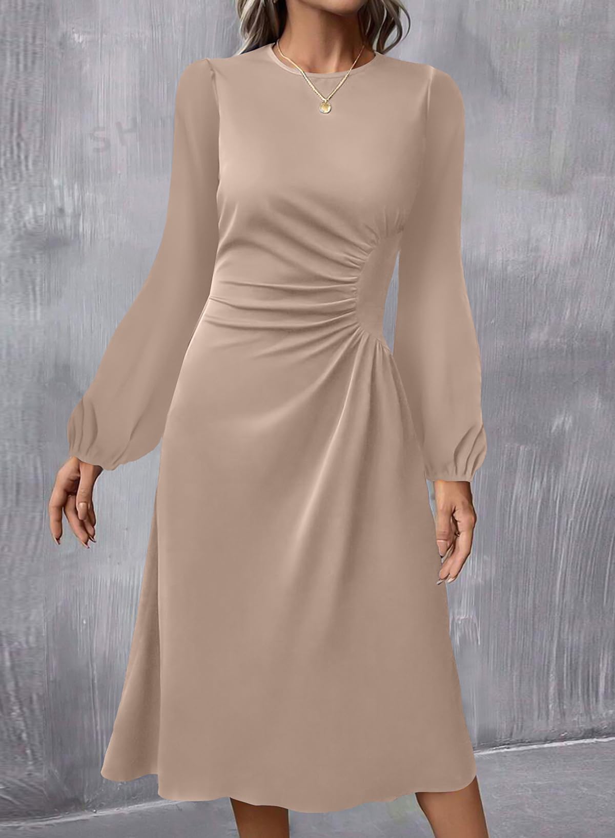 Foto 3 pulgar | Vestido Midi Happy Sailed 2025 De Manga Larga Con Cuello Redondo, Color Caqui - Venta Internacional.