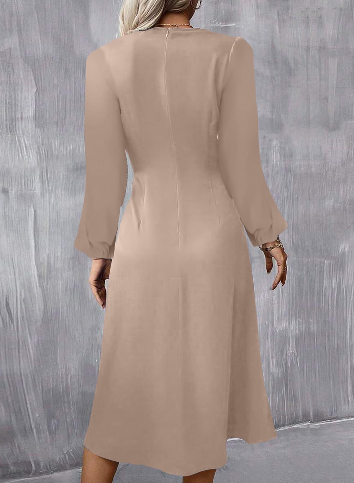 Foto 4 pulgar | Vestido Midi Happy Sailed 2025 De Manga Larga Con Cuello Redondo, Color Caqui - Venta Internacional.