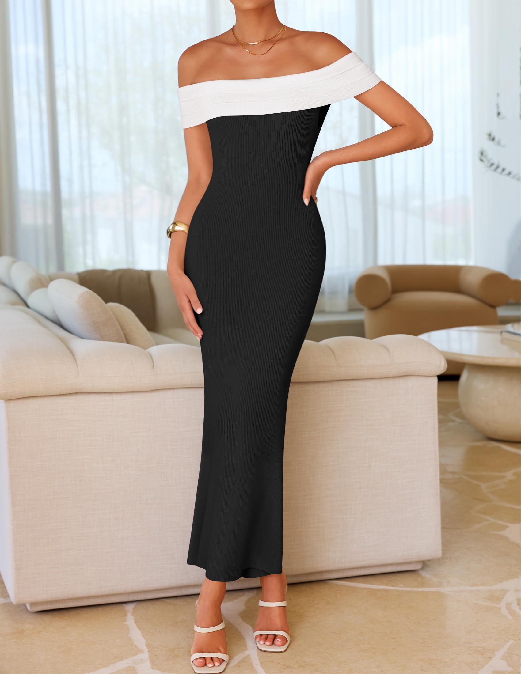 Foto 3 pulgar | Vestido Largo Zesica 2025 Para Verano Con Hombros Descubiertos, Color Negro - Venta Internacional.