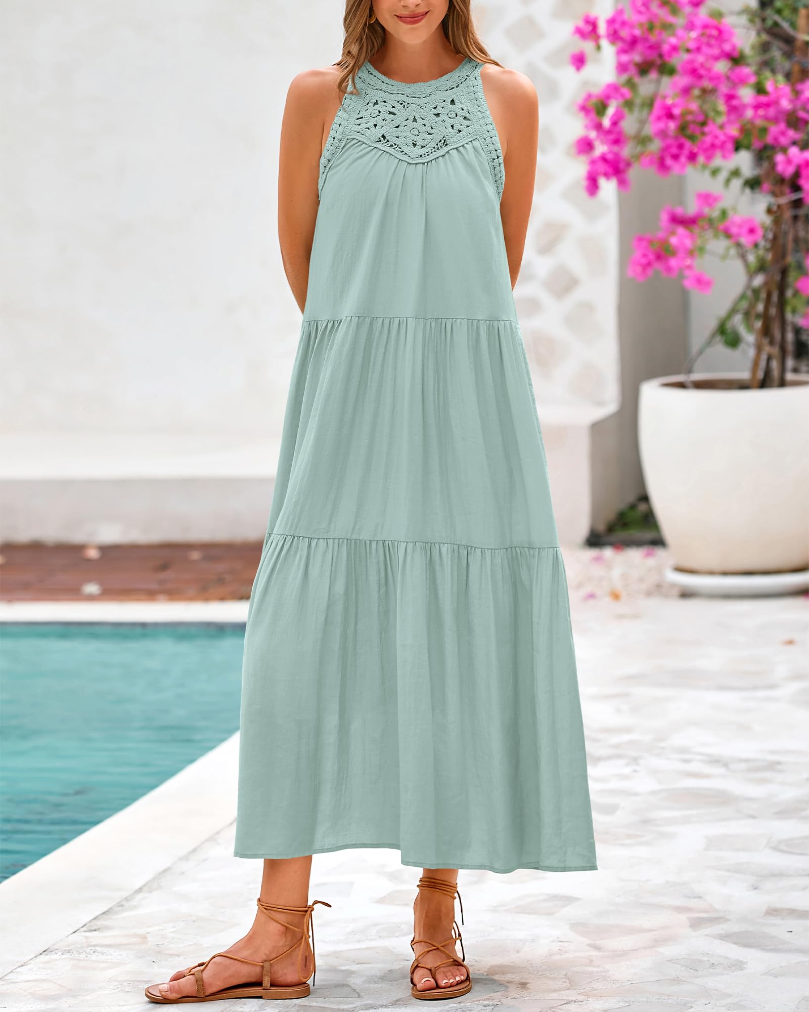 Foto 5 pulgar | Vestido Largo Halter De Verano Btfbm Para Mujer, Mezcla De Algodón - Venta Internacional.