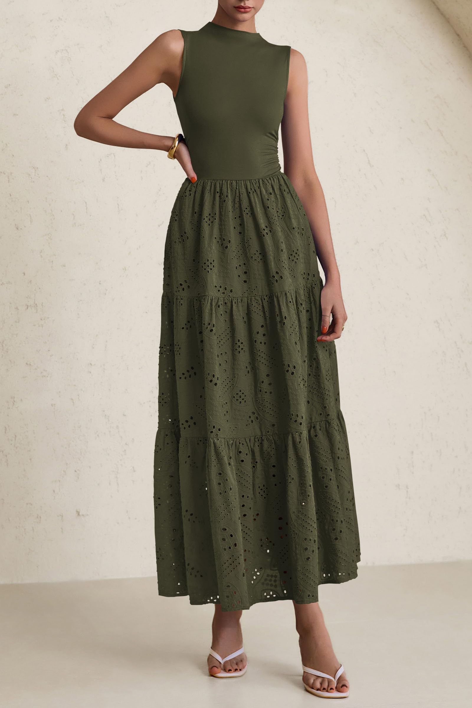 Foto 5 pulgar | Vestido De Verano Prettygarden 2025, Camiseta Sin Mangas Con Ojales, Maxi Con Bolsillos - Venta Internacional.