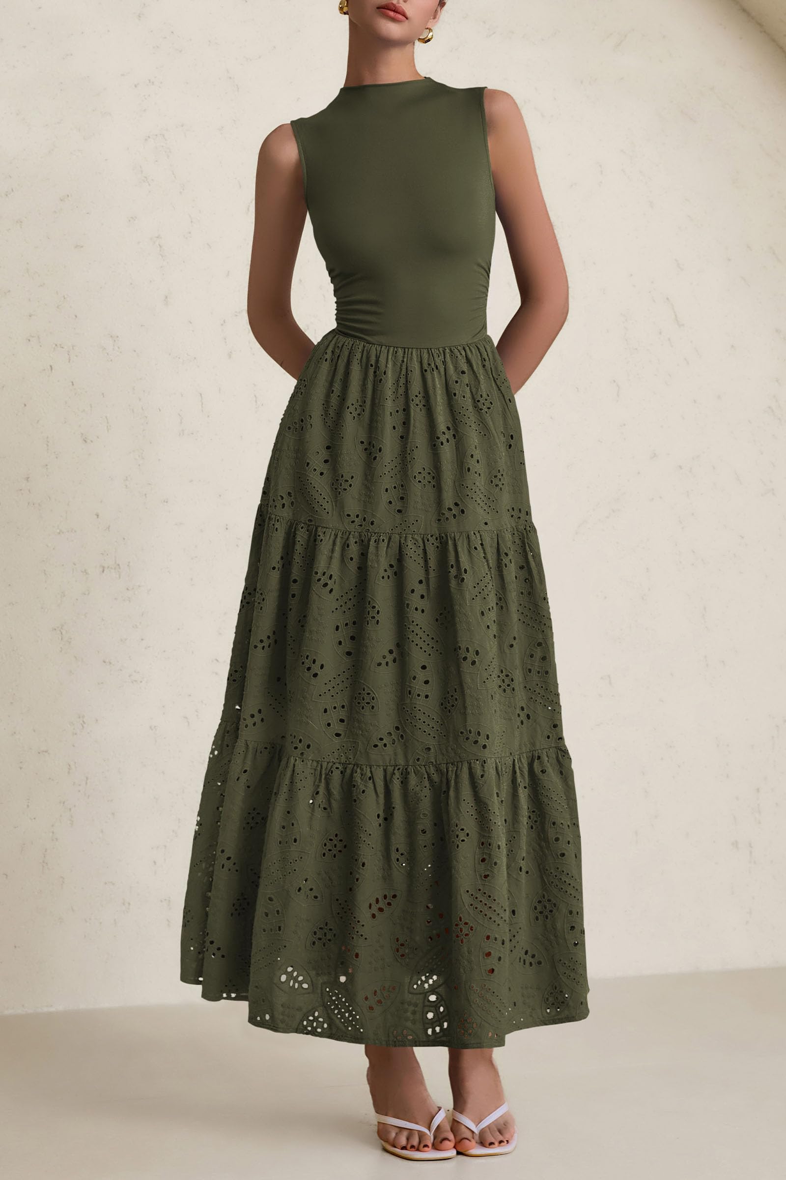 Foto 6 pulgar | Vestido De Verano Prettygarden 2025, Camiseta Sin Mangas Con Ojales, Maxi Con Bolsillos - Venta Internacional.