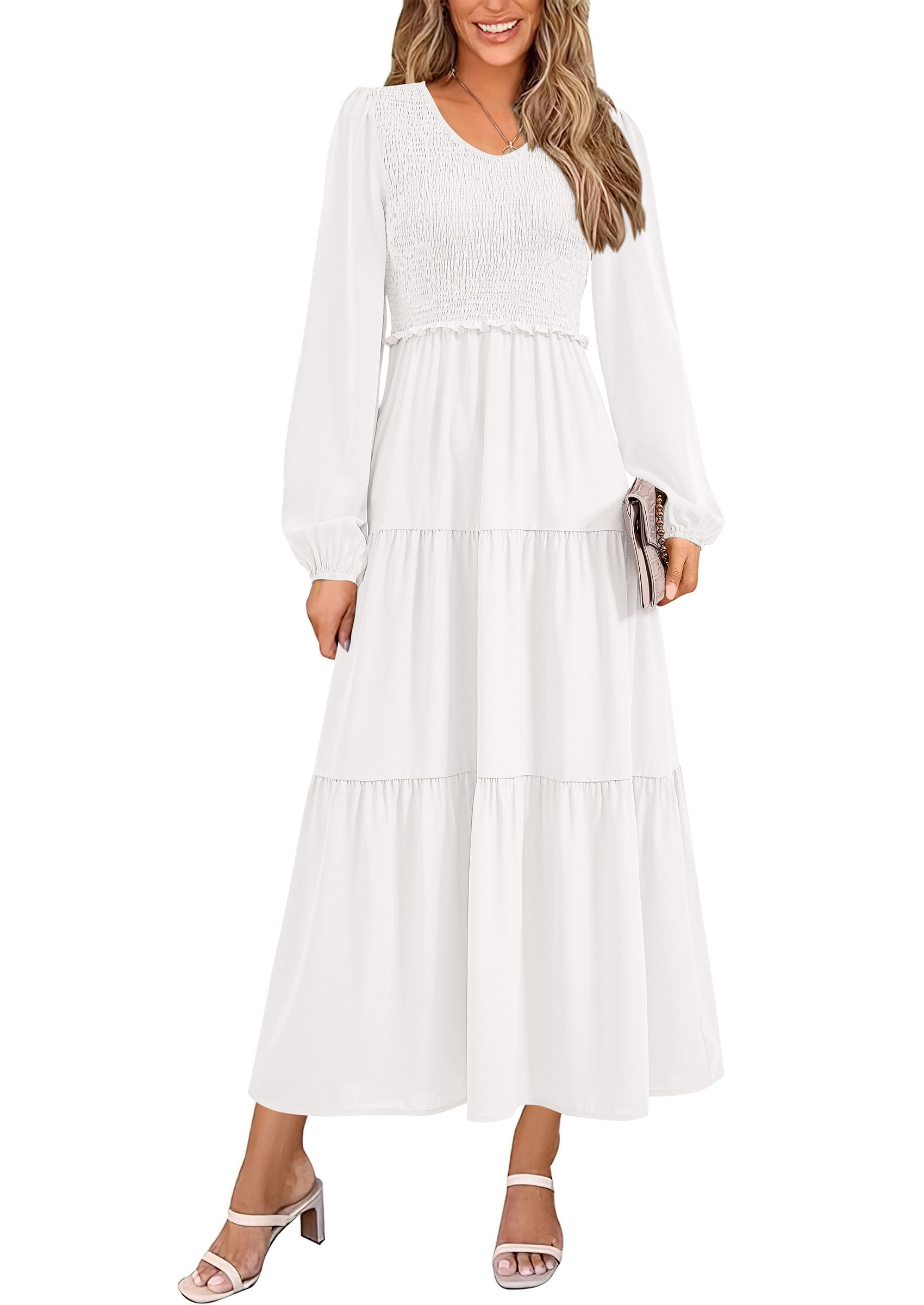 Vestido Midi Prettygarden Para Mujer Con Cuello En V Fruncido Y Manga Larga - Venta Internacional.