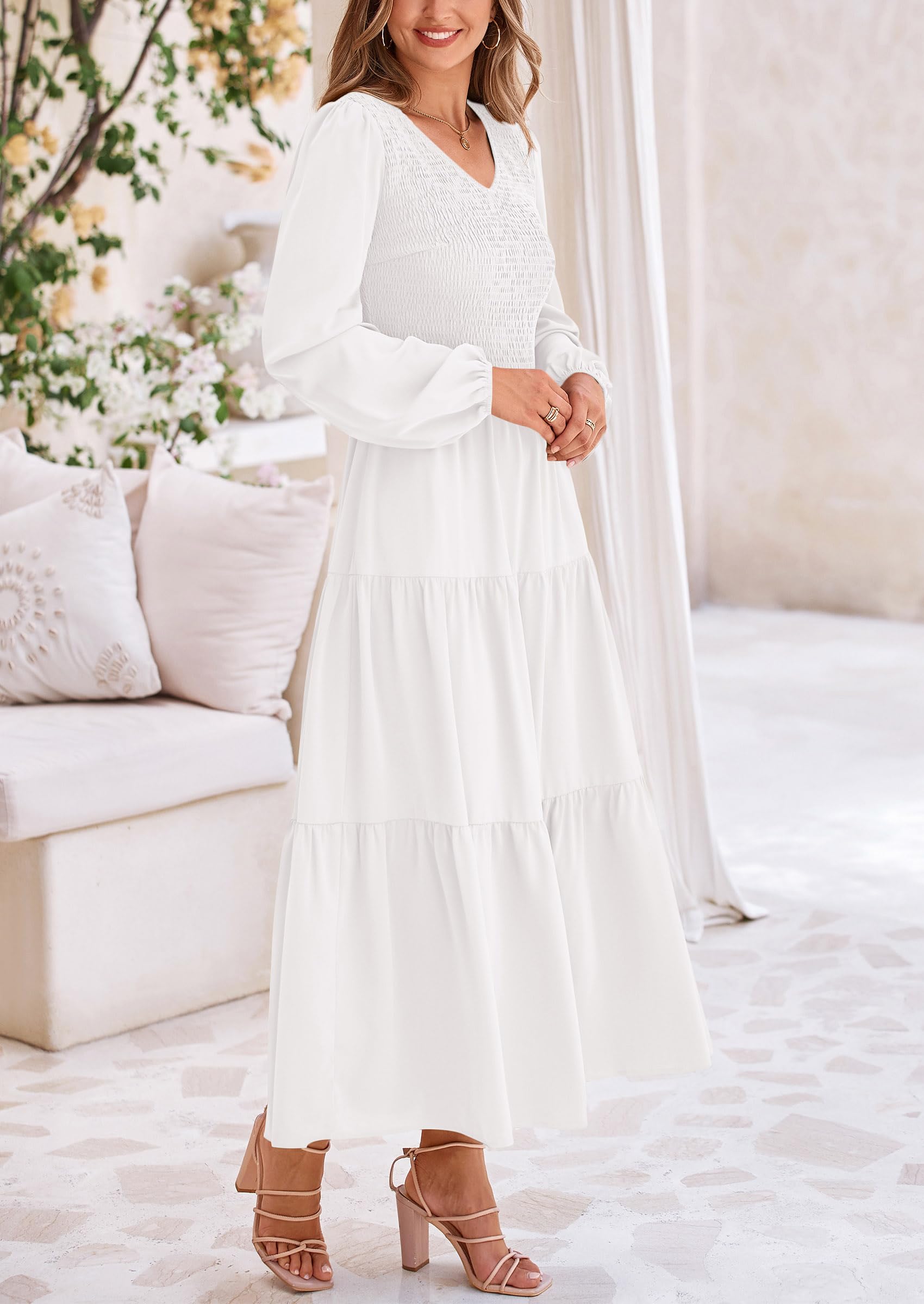 Foto 4 pulgar | Vestido Midi Prettygarden Para Mujer Con Cuello En V Fruncido Y Manga Larga - Venta Internacional.