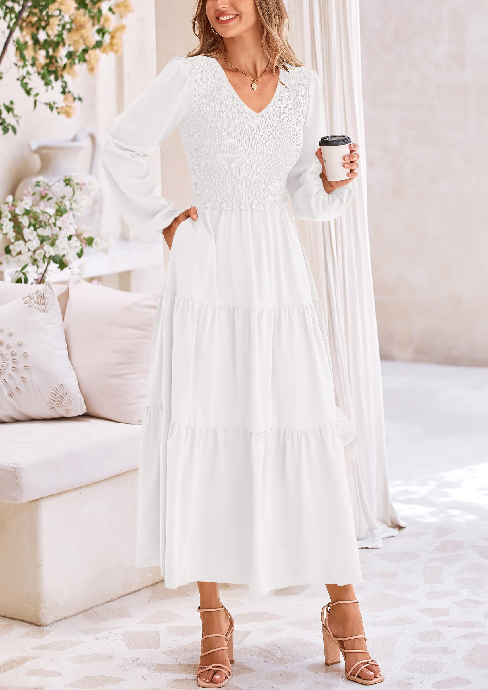 Foto 5 pulgar | Vestido Midi Prettygarden Para Mujer Con Cuello En V Fruncido Y Manga Larga - Venta Internacional.