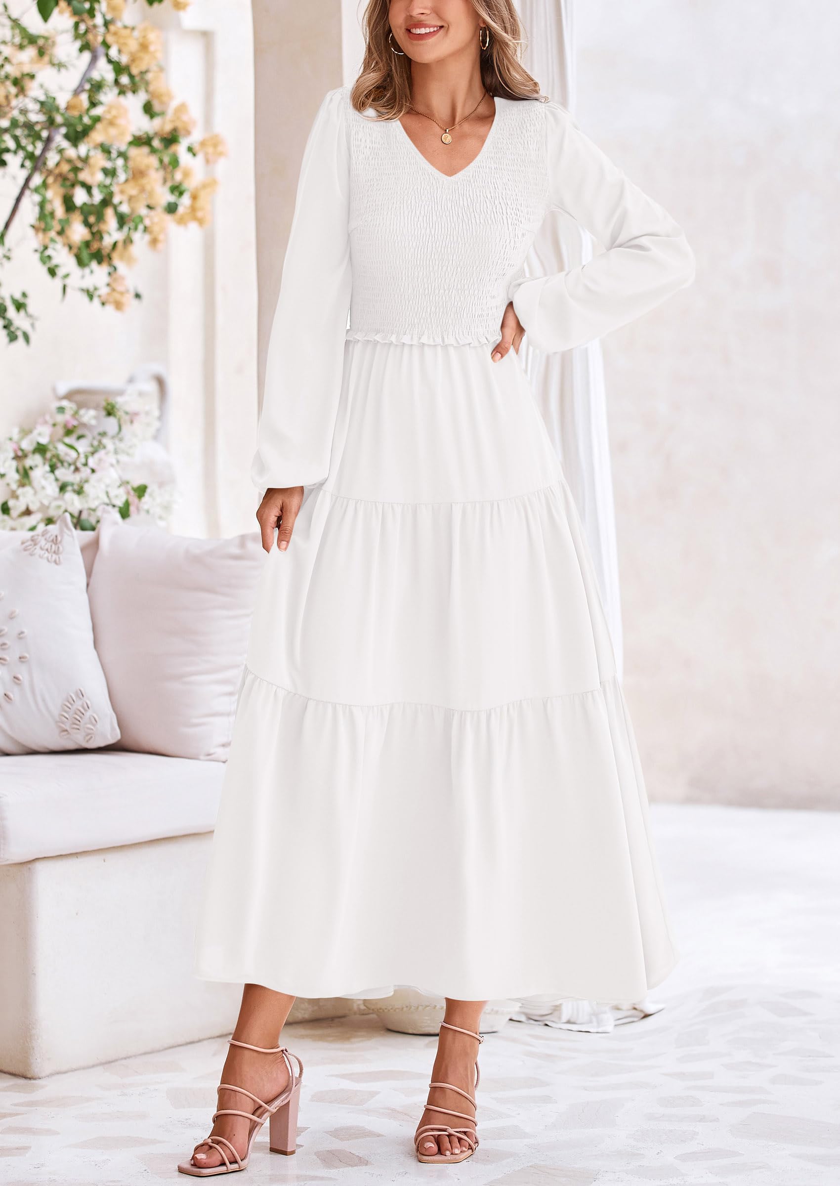 Foto 7 pulgar | Vestido Midi Prettygarden Para Mujer Con Cuello En V Fruncido Y Manga Larga - Venta Internacional.
