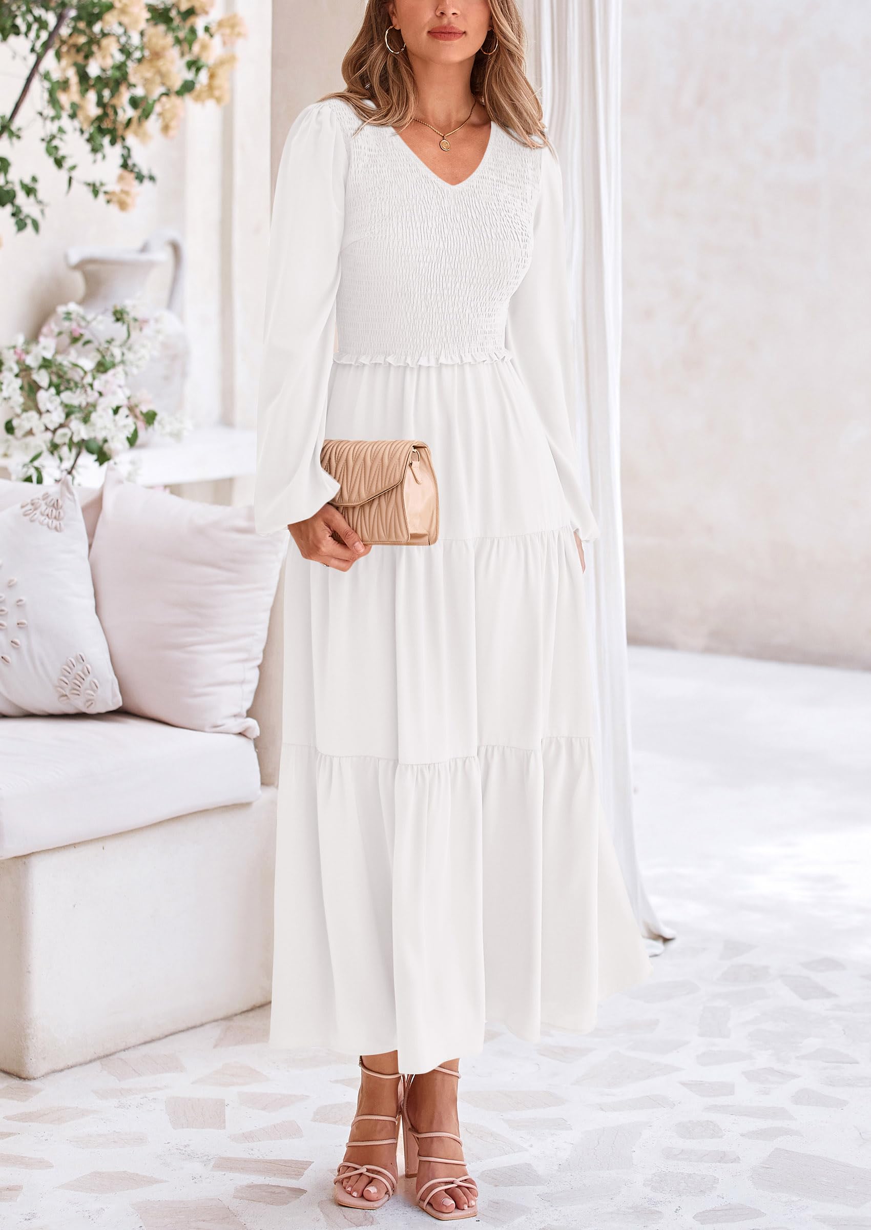 Foto 7 | Vestido Midi Prettygarden Para Mujer Con Cuello En V Fruncido Y Manga Larga - Venta Internacional.