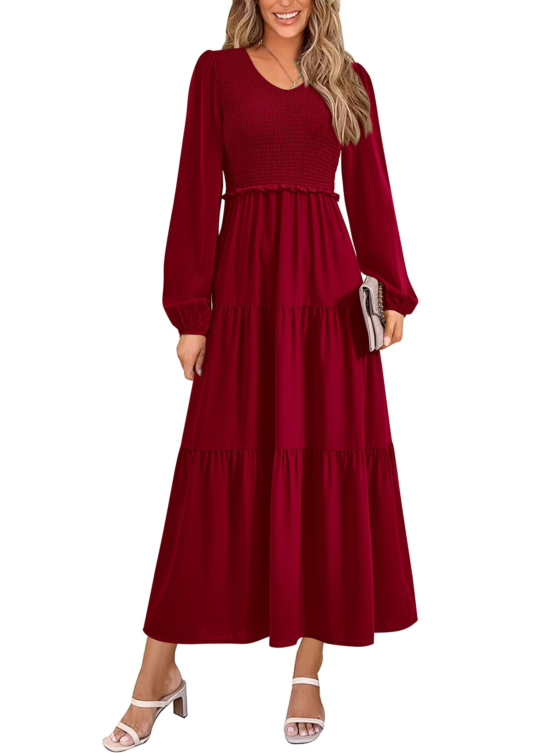 Foto 2 pulgar | Vestido Midi Prettygarden Para Mujer, Cuello En V, Color Rojo Vino, Manga Larga - Venta Internacional.