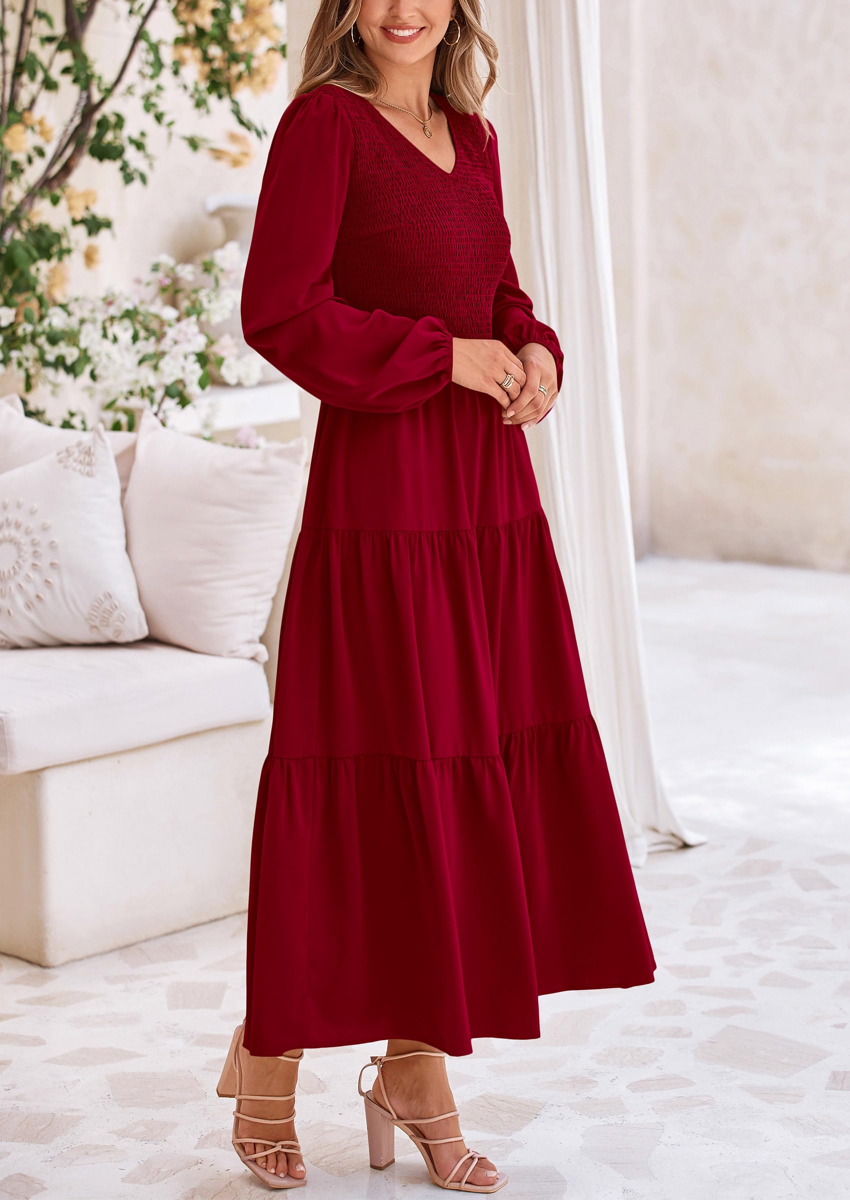 Foto 4 pulgar | Vestido Midi Prettygarden Para Mujer, Cuello En V, Color Rojo Vino, Manga Larga - Venta Internacional.