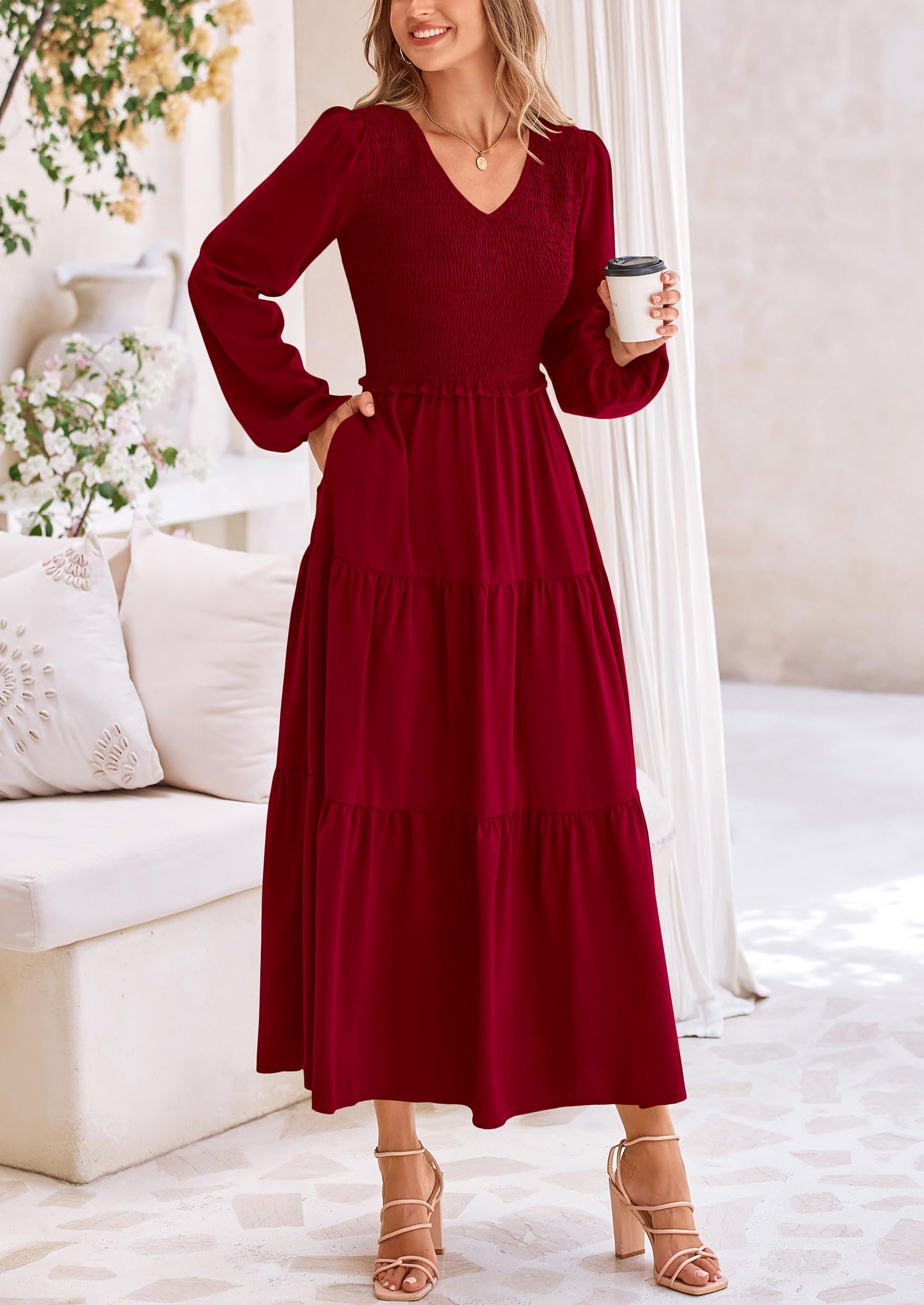 Foto 5 pulgar | Vestido Midi Prettygarden Para Mujer, Cuello En V, Color Rojo Vino, Manga Larga - Venta Internacional.
