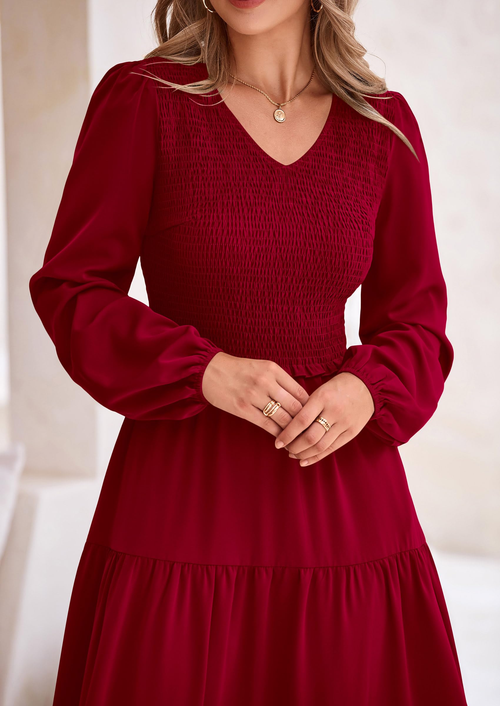 Foto 6 pulgar | Vestido Midi Prettygarden Para Mujer, Cuello En V, Color Rojo Vino, Manga Larga - Venta Internacional.