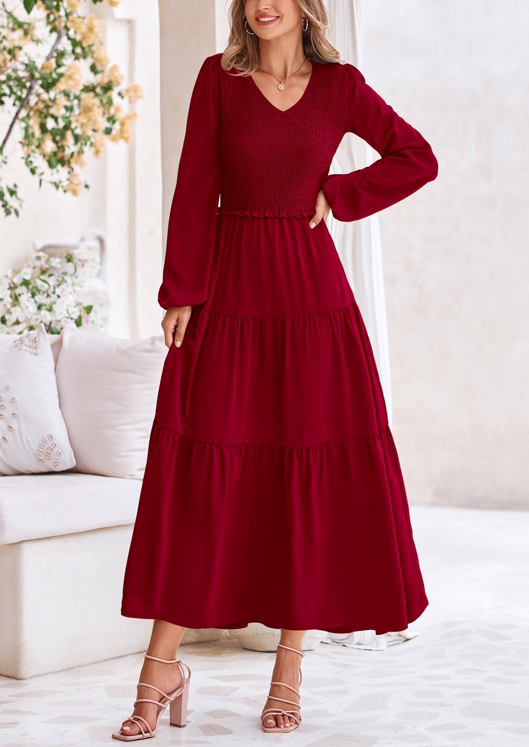 Foto 8 pulgar | Vestido Midi Prettygarden Para Mujer, Cuello En V, Color Rojo Vino, Manga Larga - Venta Internacional.
